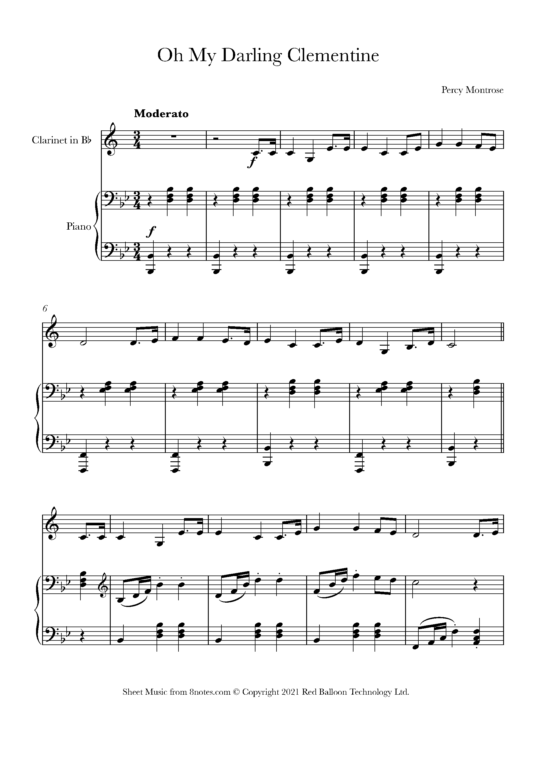 Percy Montrose Oh My Darling Clementine U S Trad Sheet Music For Clarinet 8notes Com