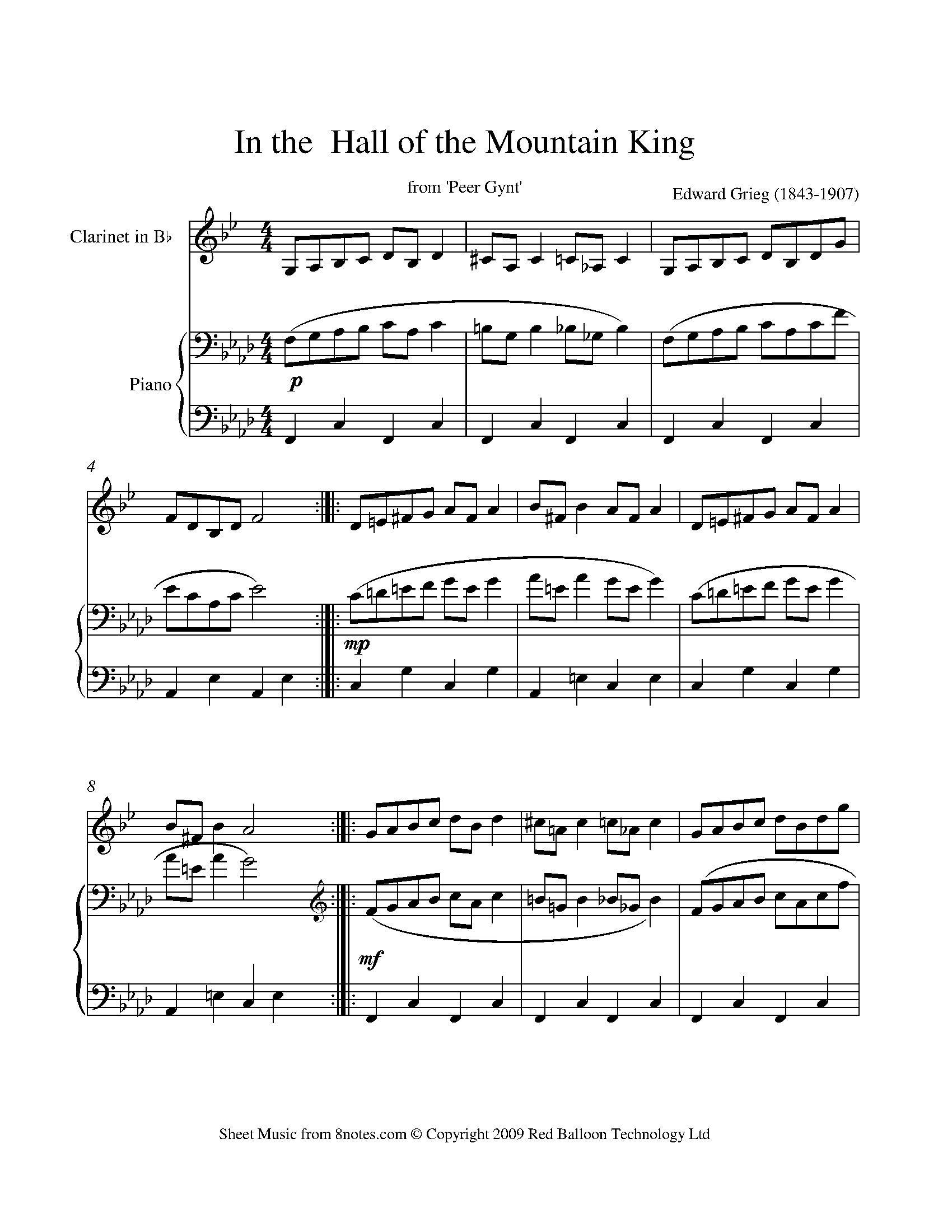 Grieg Edvard In the Hall of the Mountain King for Clarinet Free Sheet music for Clarinet 8notes