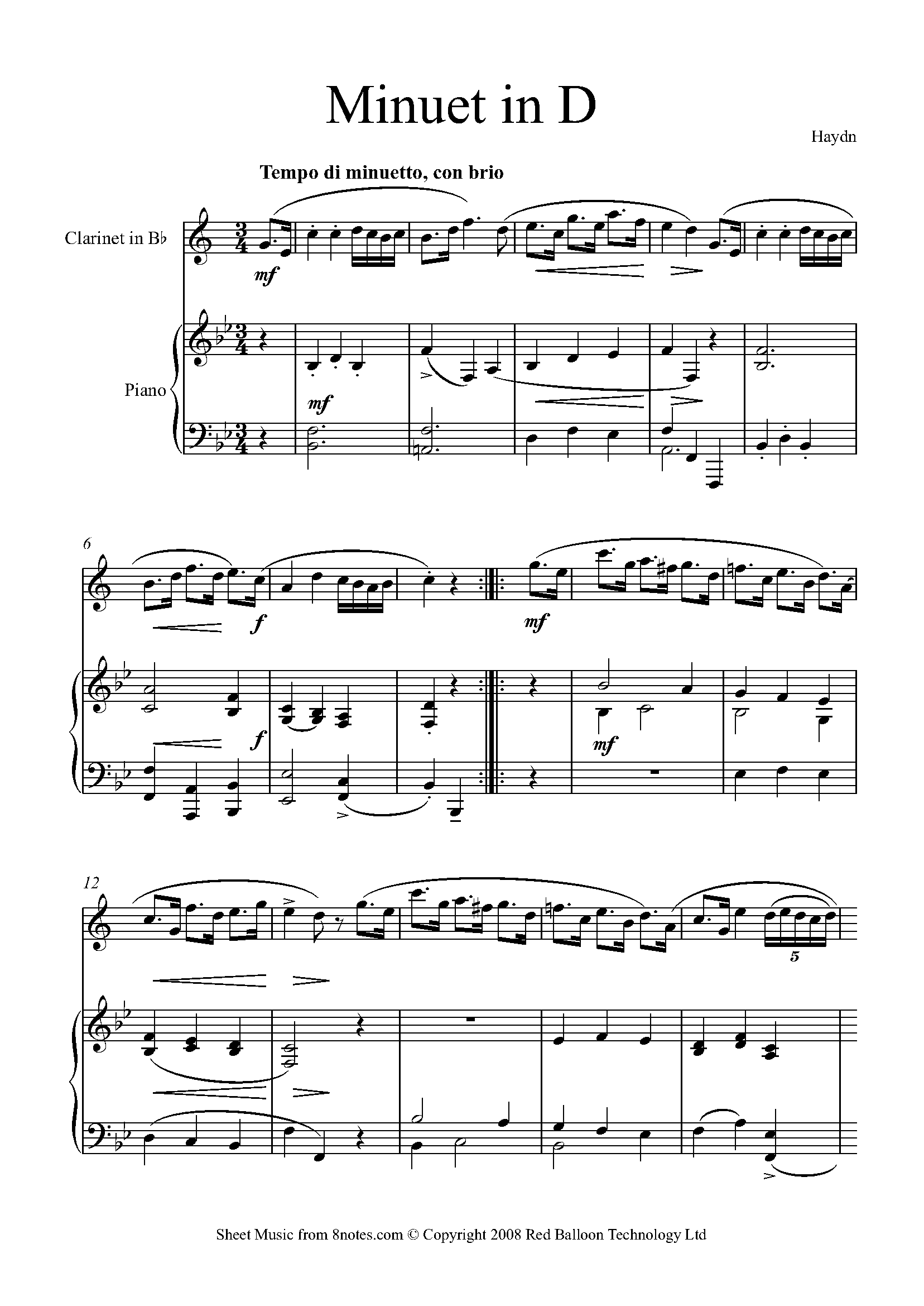 Haydn Minuet in D Sheet music for