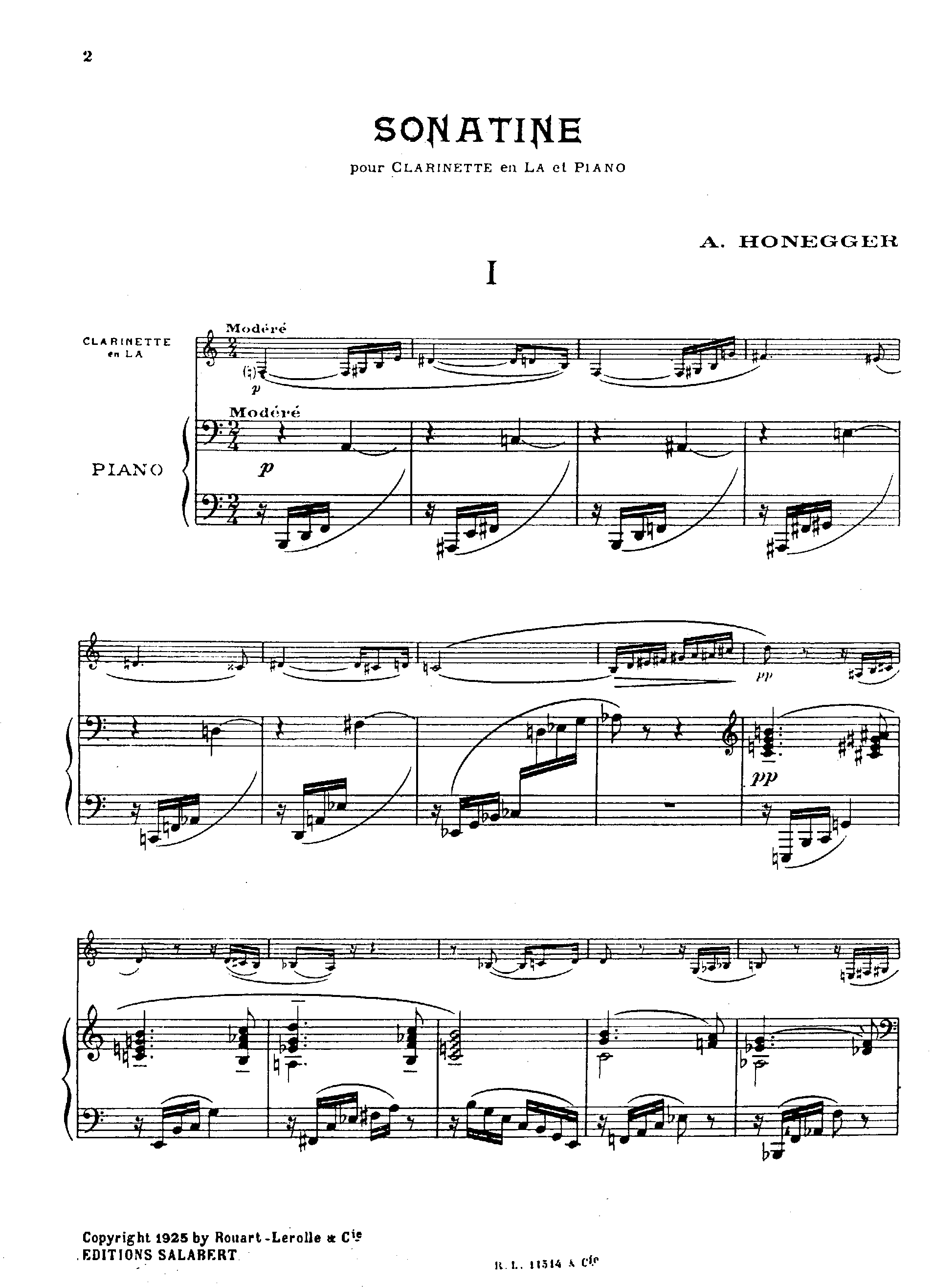 Sonatine for Clarinet and Piano, H.42 by Arthur Honegger Sheet Music arranged by 8notes.com for Clarinet - 1 of 10 pages