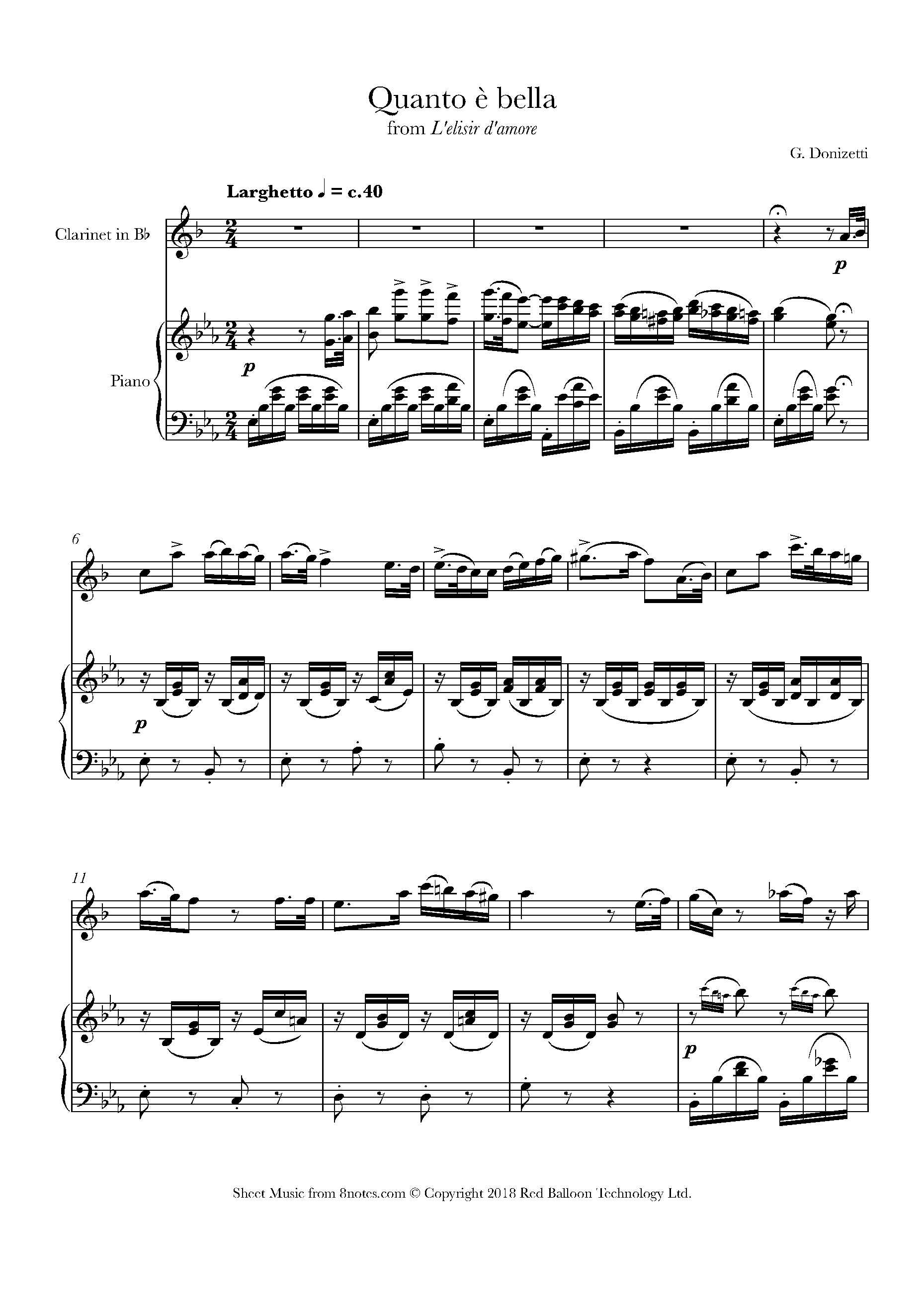 Donizetti Quanto E Bella From L Elisir D Amore Sheet Music For Clarinet 8notes Com