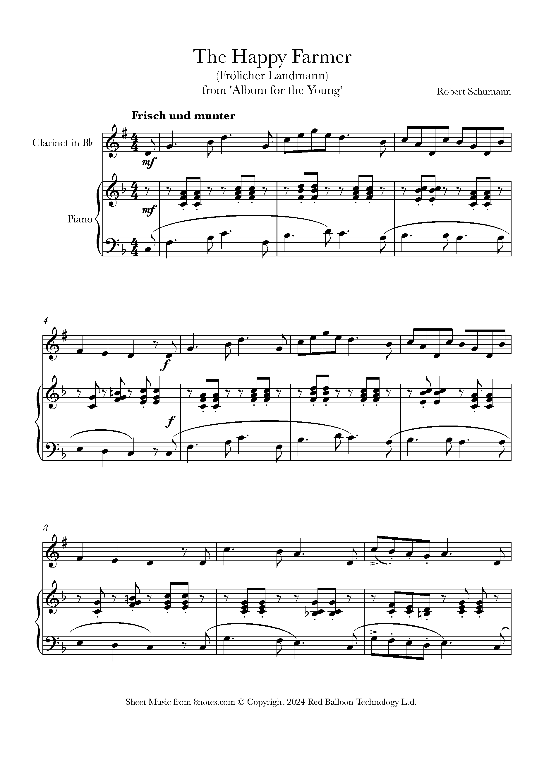 Schumann Robert The Happy Farmer from Album for the Young Op.6 No.10 for Clarinet Free Sheet music for Clarinet 8notes