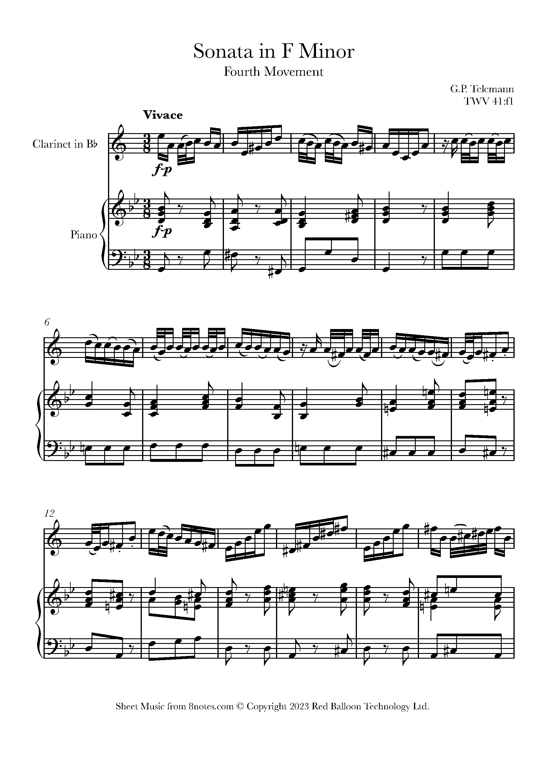 Telemann Sonata in F Minor, TWV 41f1, Fourth Movement Sheet music