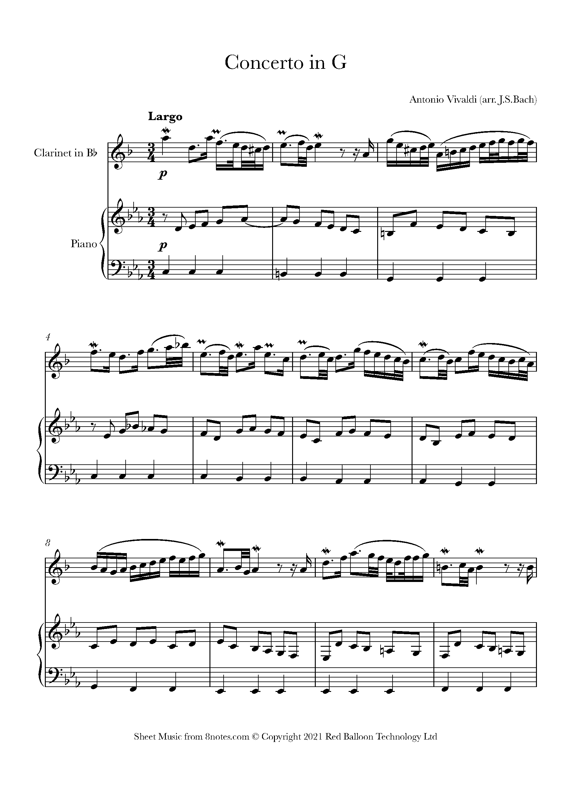Vivaldi Concerto in G 2nd Mvt Adagio (arranged Bach) Sheet music for
