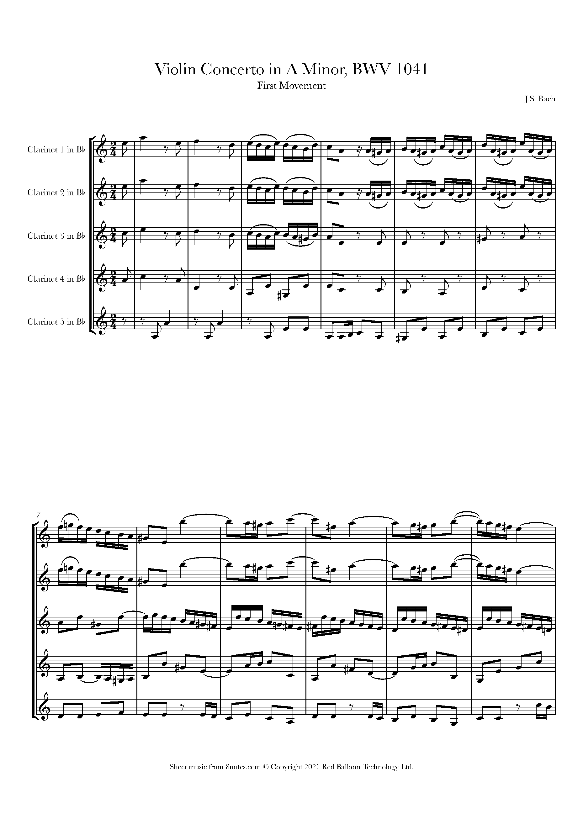 Bach Johann Sebastian Violin Concerto in A Minor BWV 1041 1st mvt for Clarinet Choir Free Sheet music for Clarinet Choir 8notes