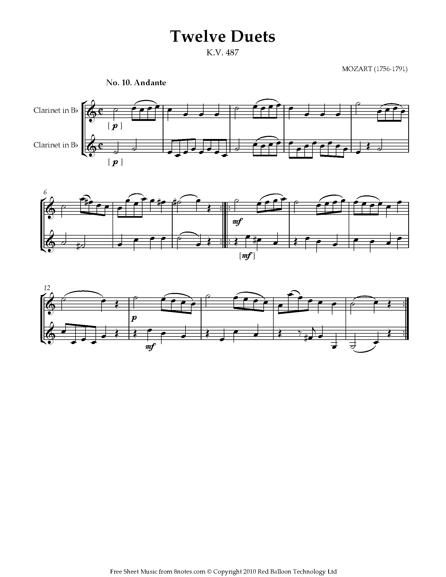 Mozart Twelve Duets k.487 no.10 Sheet music for Duet