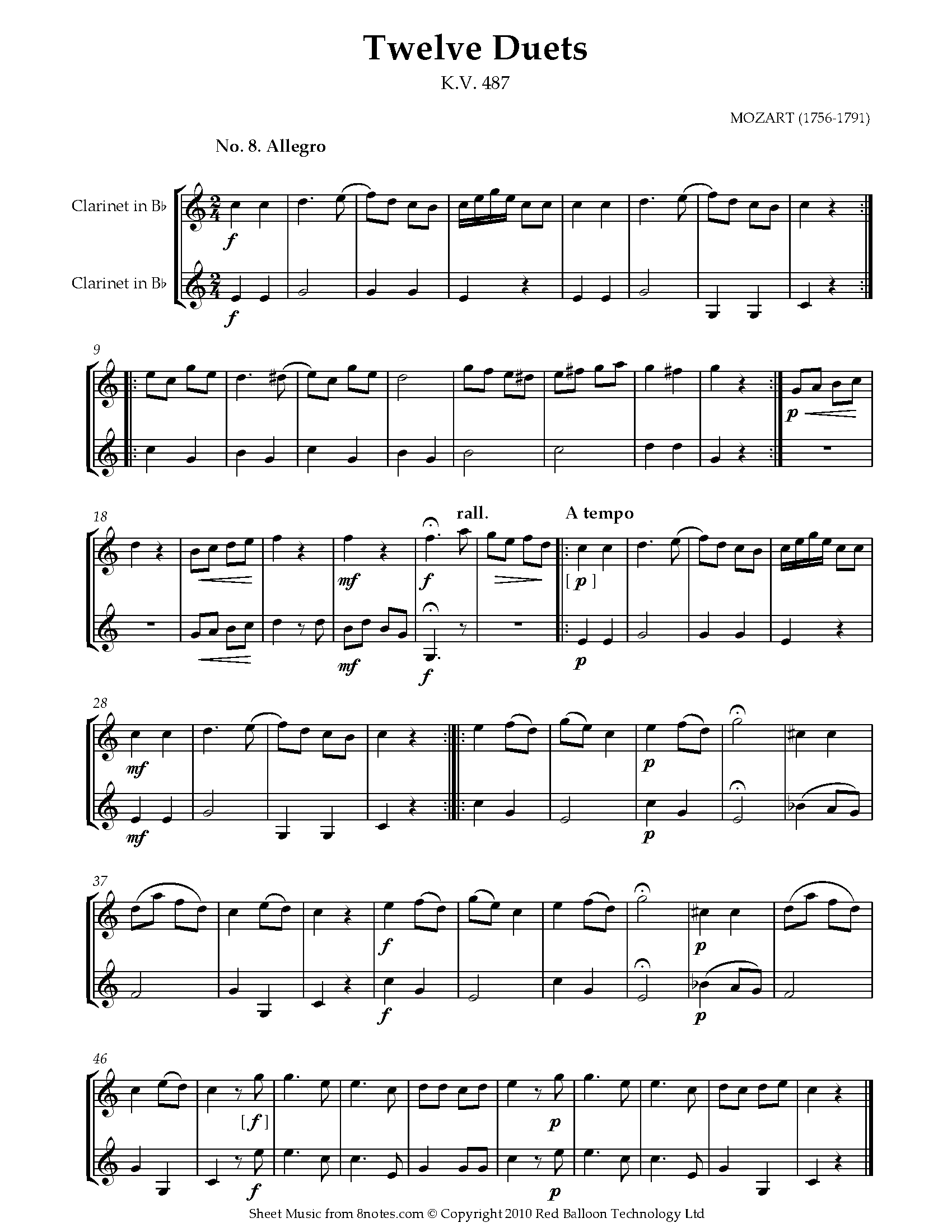Mozart Twelve Duets K.V. 487 no.8 Sheet music for Duet