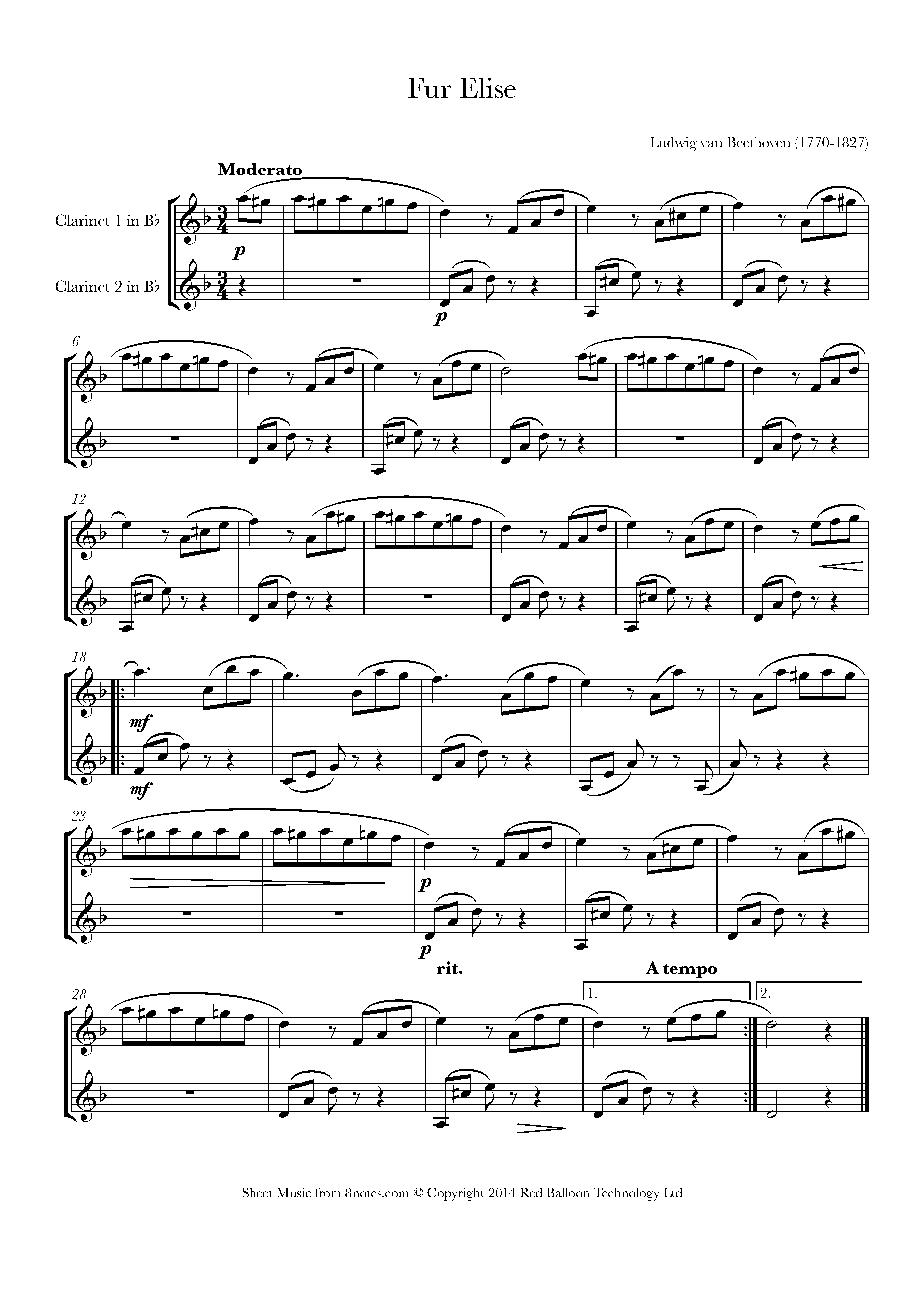 Beethoven Fur Elise Sheet music for Duet