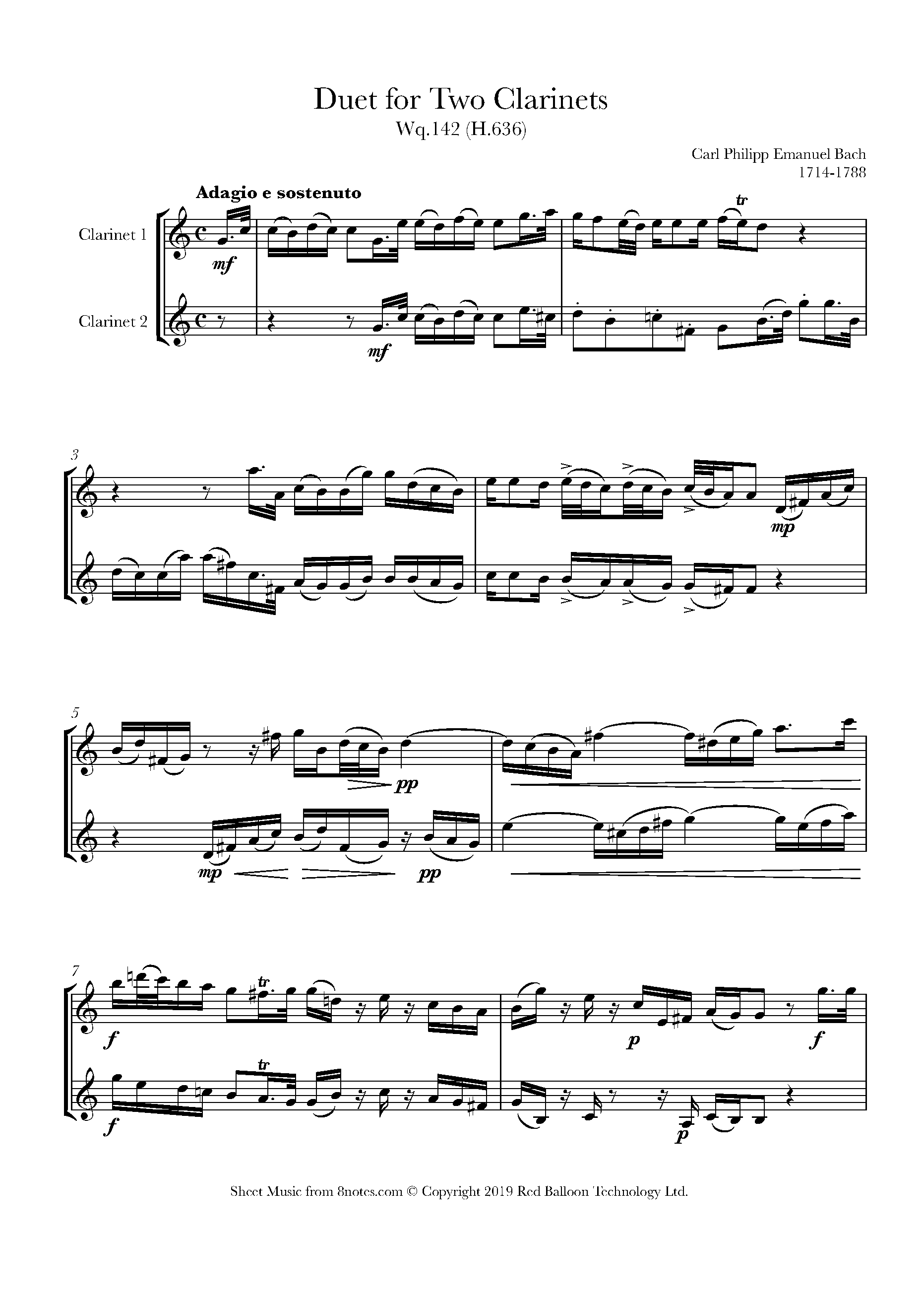 surely Shining To detect Bach - Duet for Two Clarinets, Wq.142 (H.636) Sheet music for Clarinet Duet  - 8notes.com
