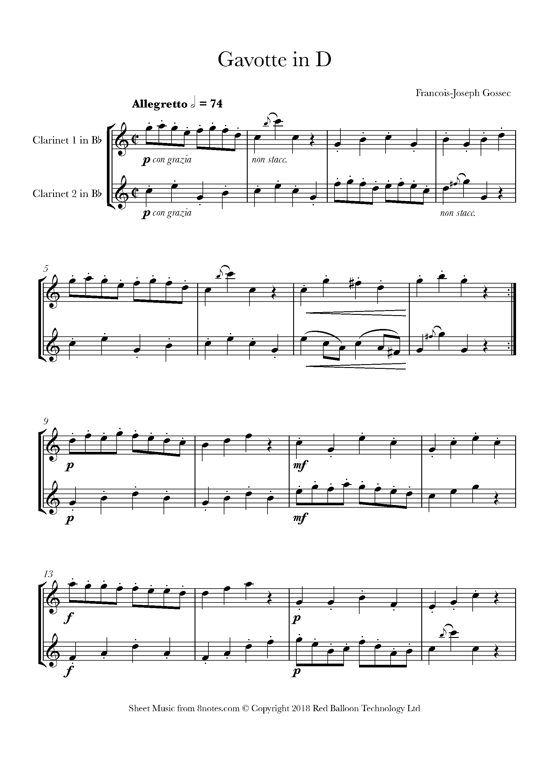 Gossec Gavotte in D Sheet music for Duet