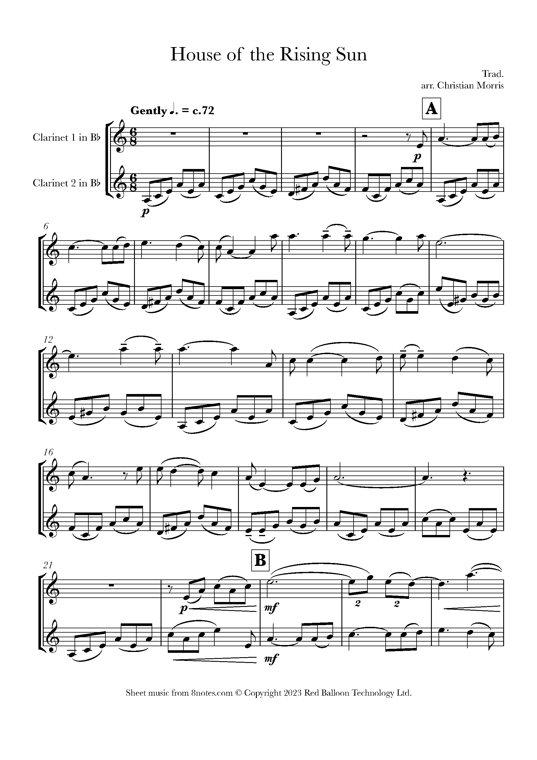 House of the Rising Sun for Clarinet Duet Free Sheet music for Clarinet Duet 8notes