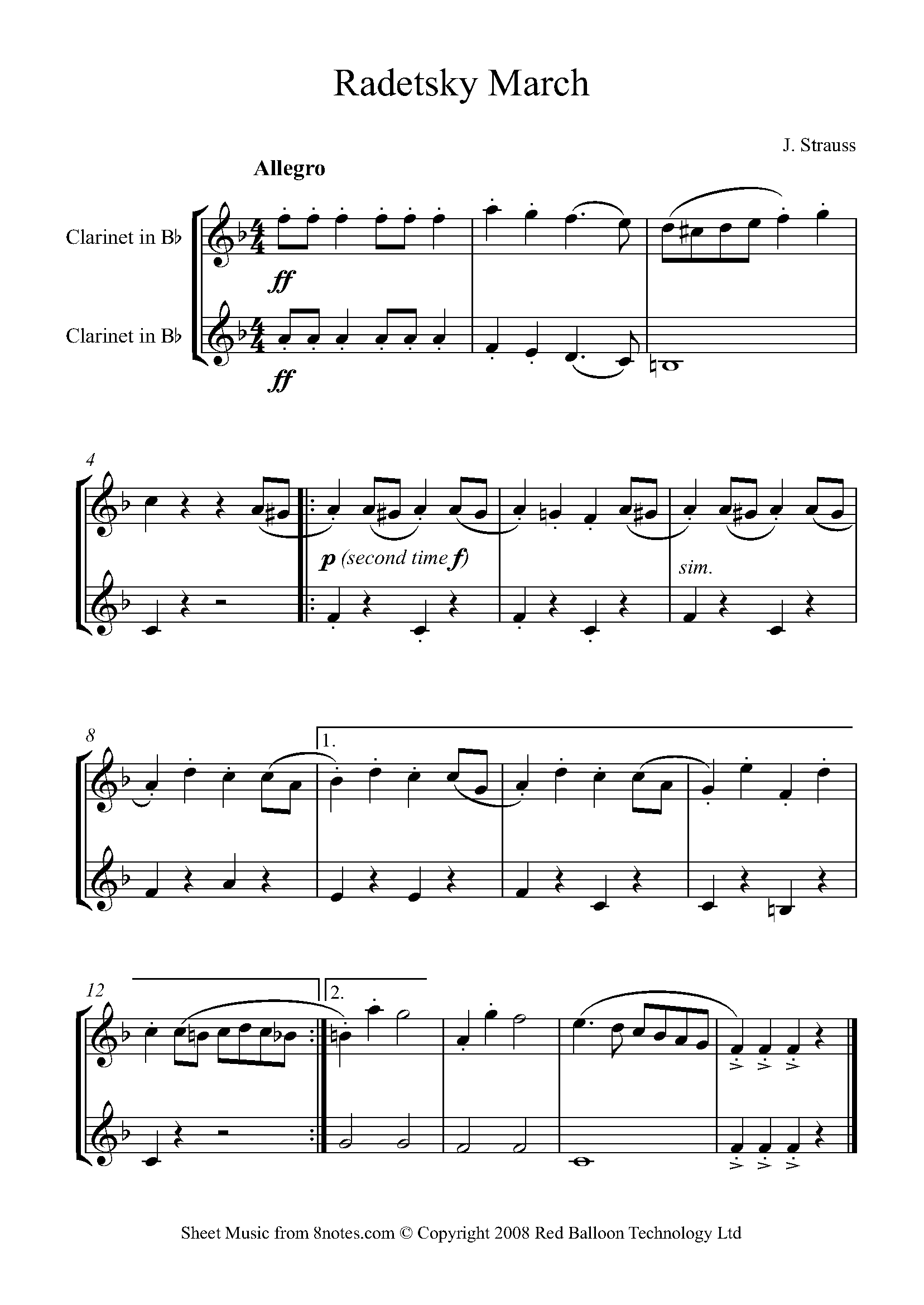 Strauss I - Radetsky March Sheet music for Clarinet Duet - 8notes.com