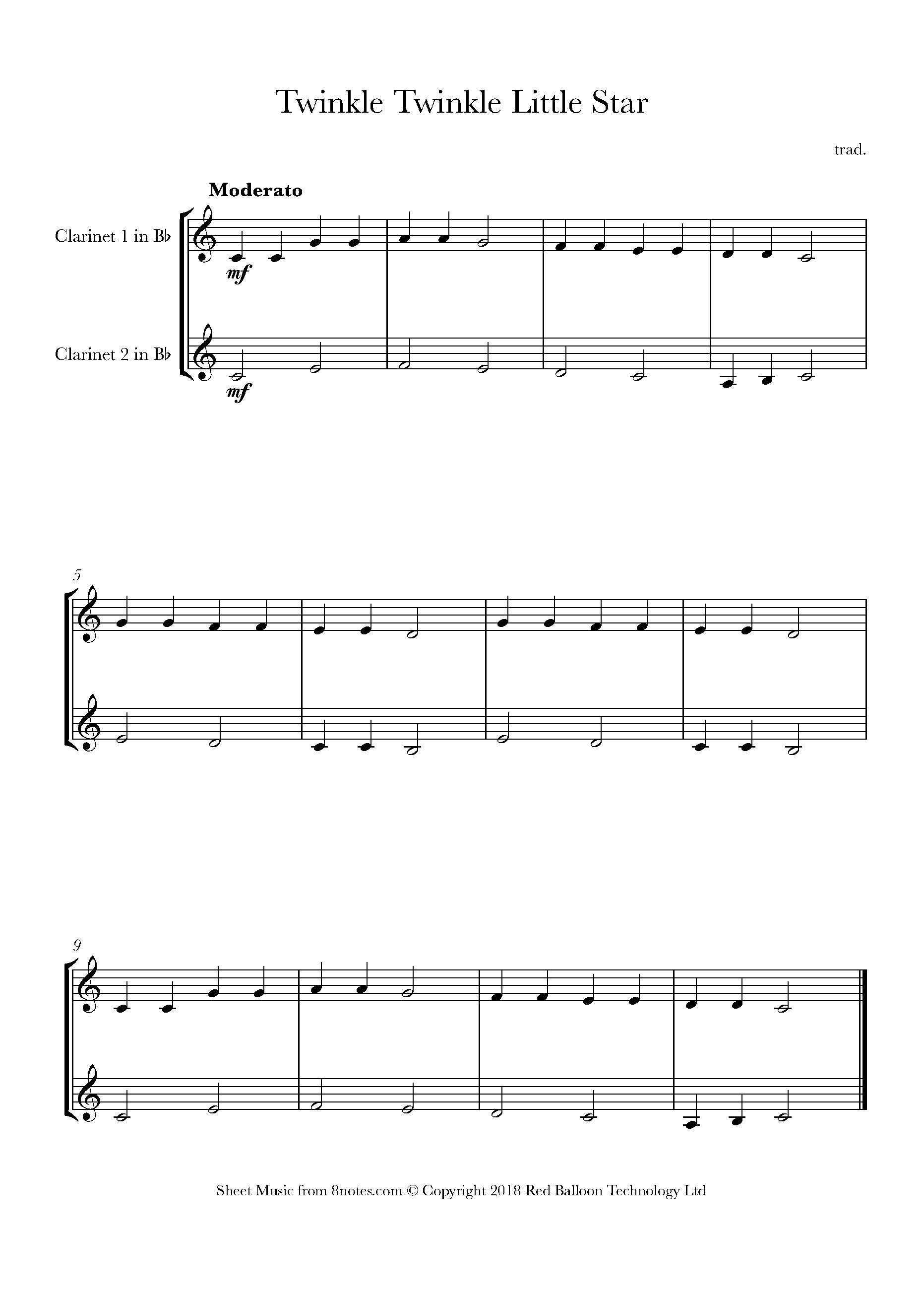Twinkle, Twinkle, Little Star Sheet music for Clarinet Duet - 8notes.com