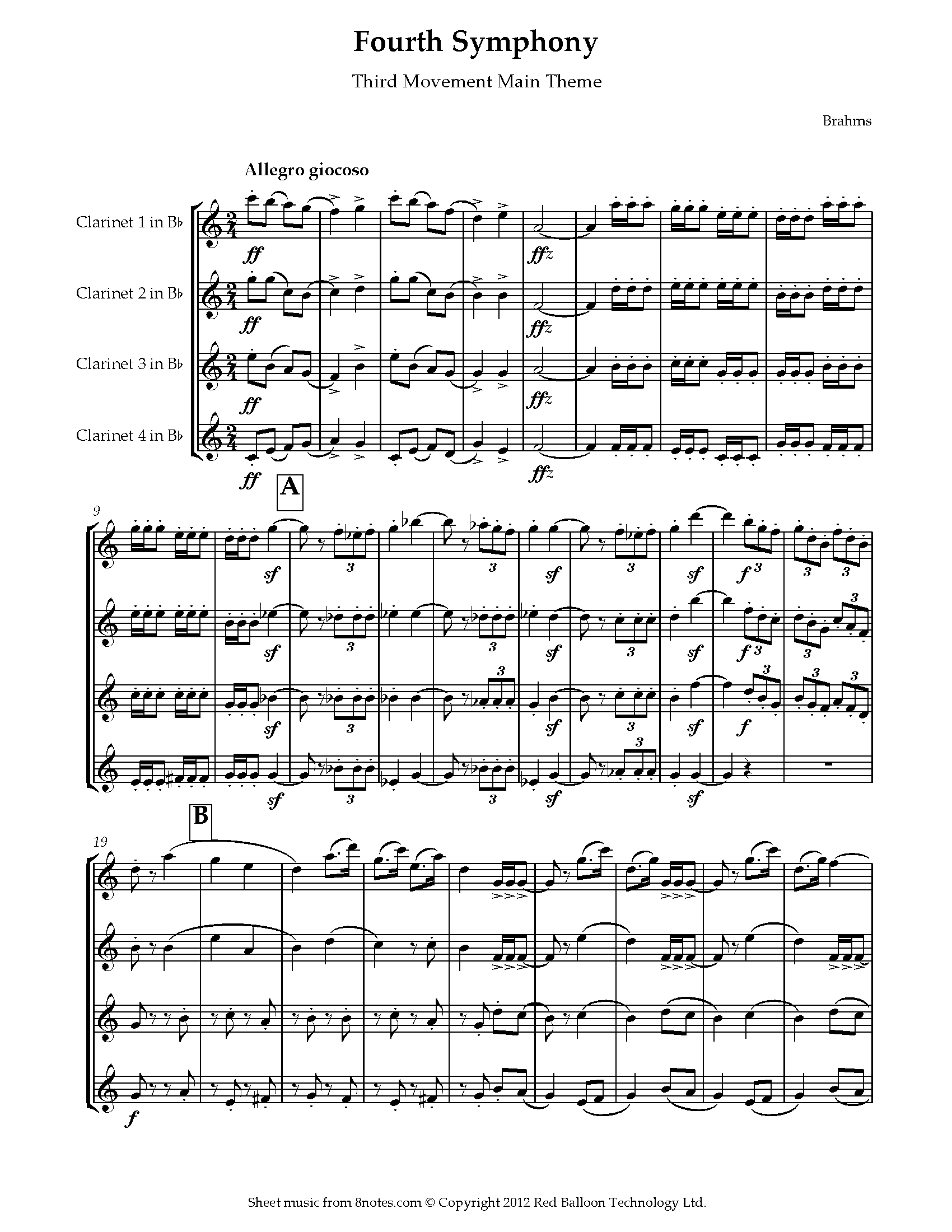 Brahms Fourth Symphony Third Movement Main Theme Sheet music for