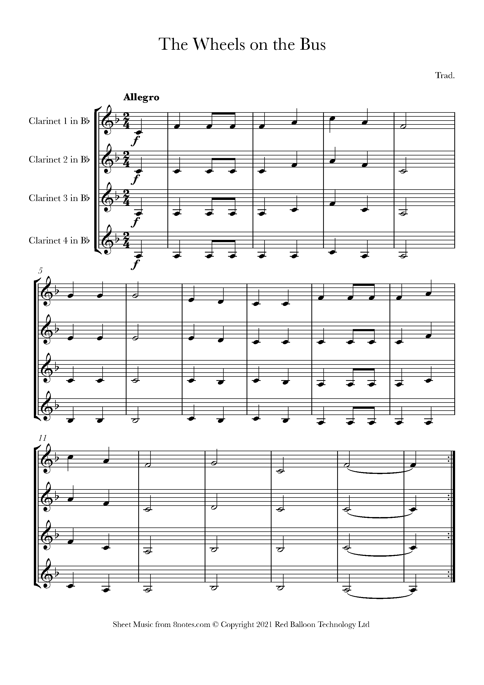 The Wheels on the Bus Sheet music for Quartet