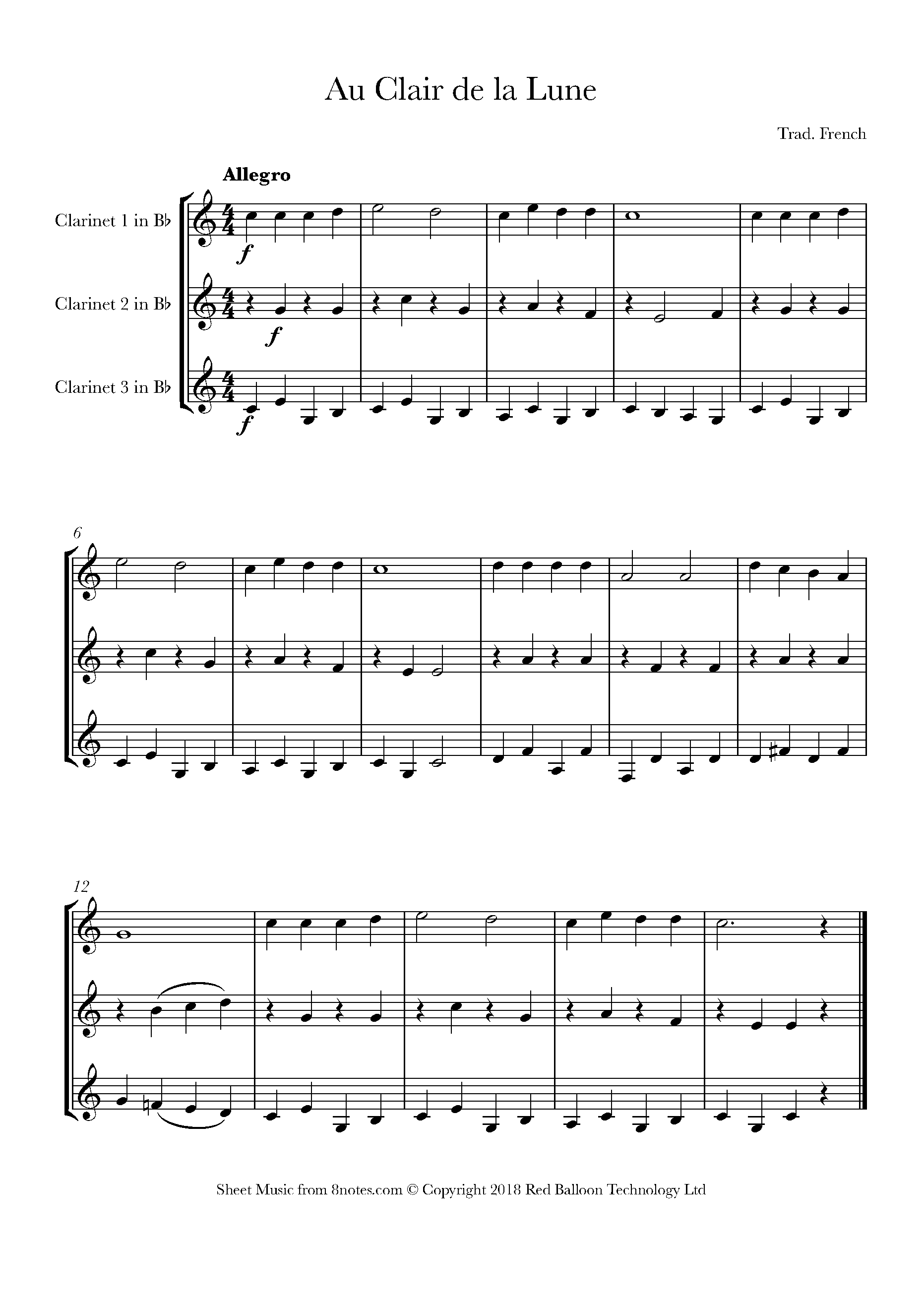 Au claire de la lune Sheet music for Clarinet Trio - 8notes.com