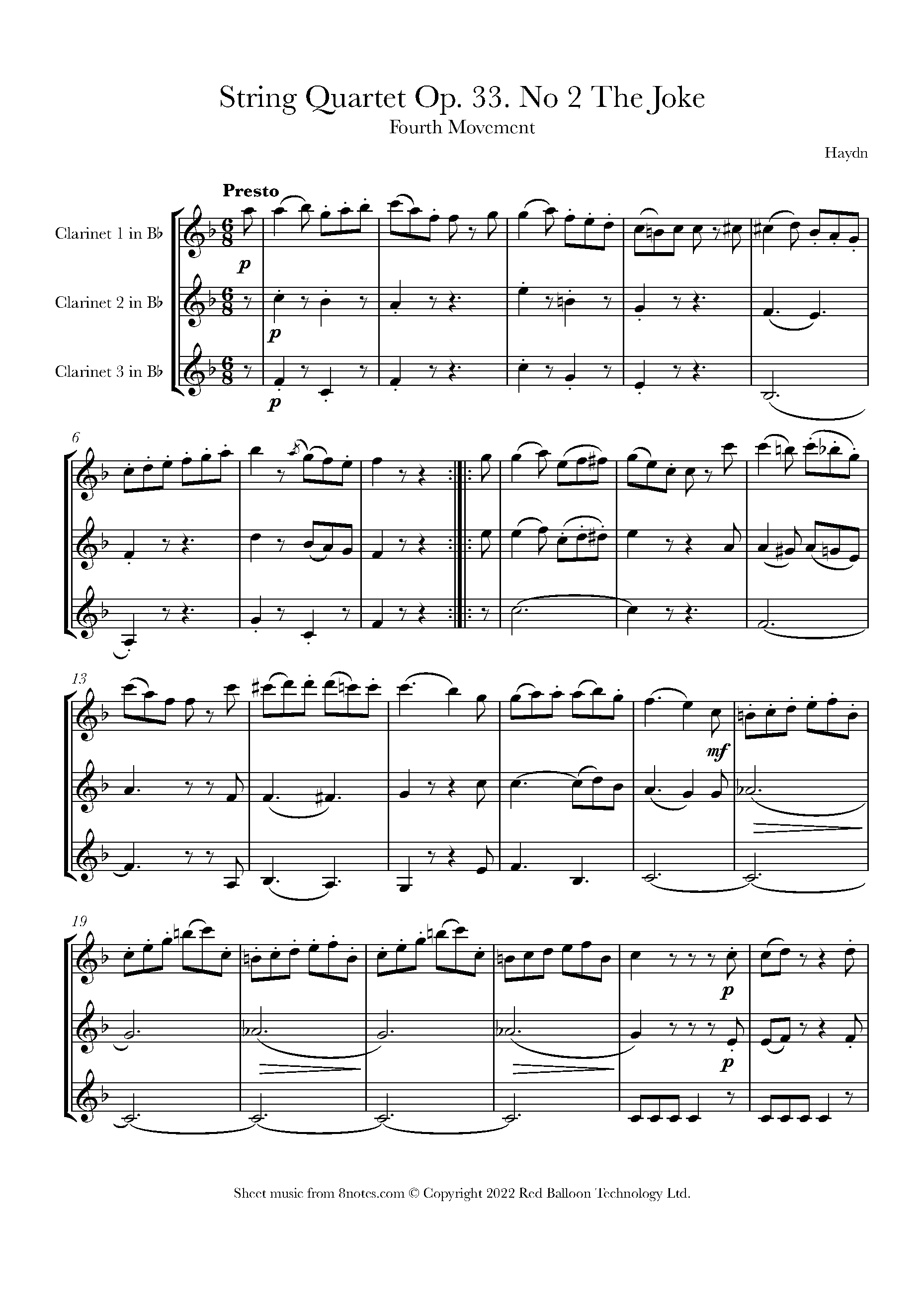 Haydn String Quartet Op. 33. No 2 The Joke 4th mvt Sheet music for