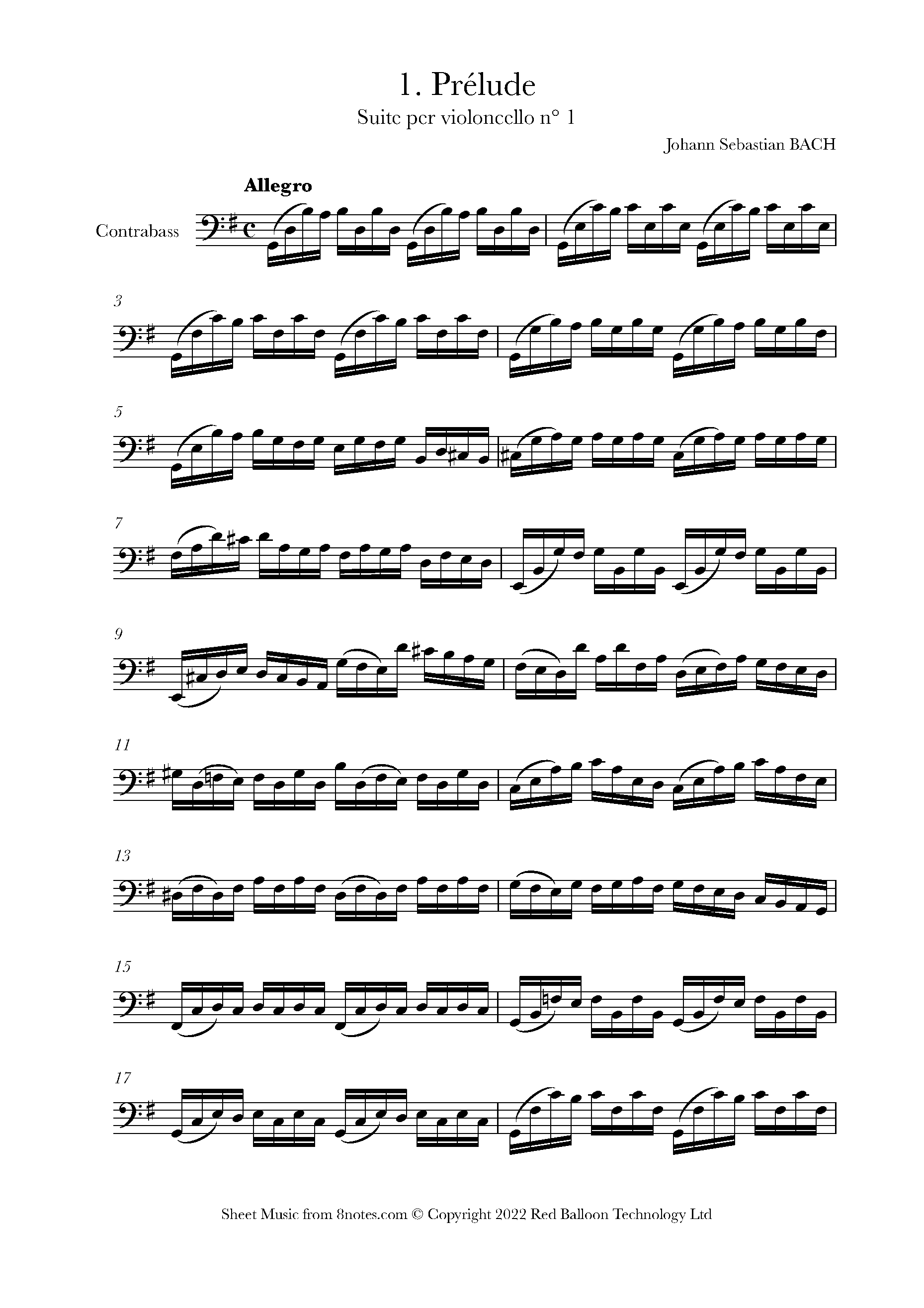 Bach Johann Sebastian Cello Suite No.1 in G major BWV 1007 complete for Double Bass Free Sheet music for Double Bass 8notes