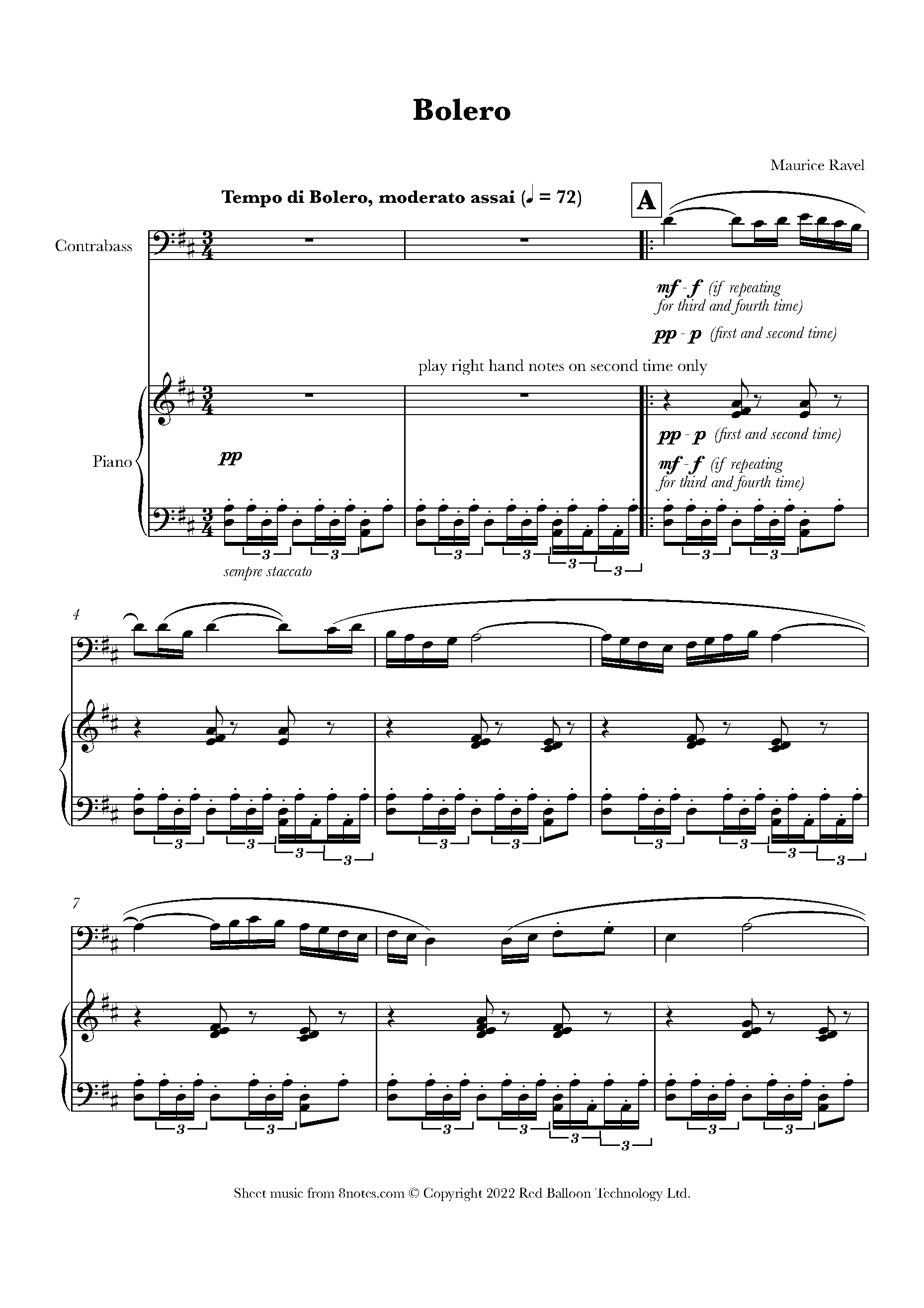 Ravel Bolero (Full Version) Sheet music for Double Bass