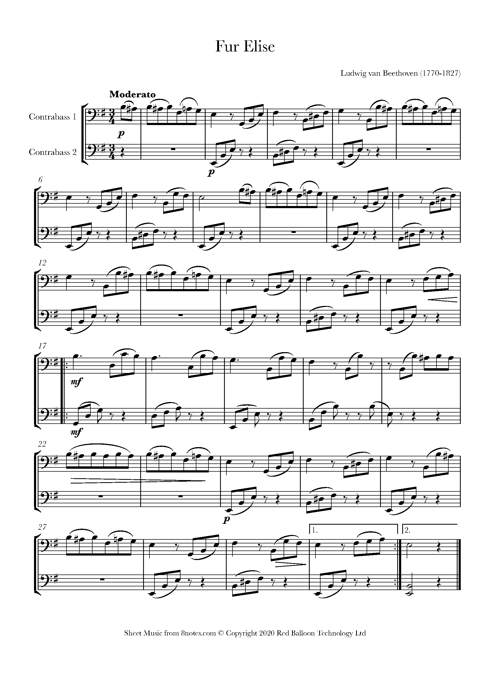Beethoven Fur Elise Sheet music for Double Bass Duet
