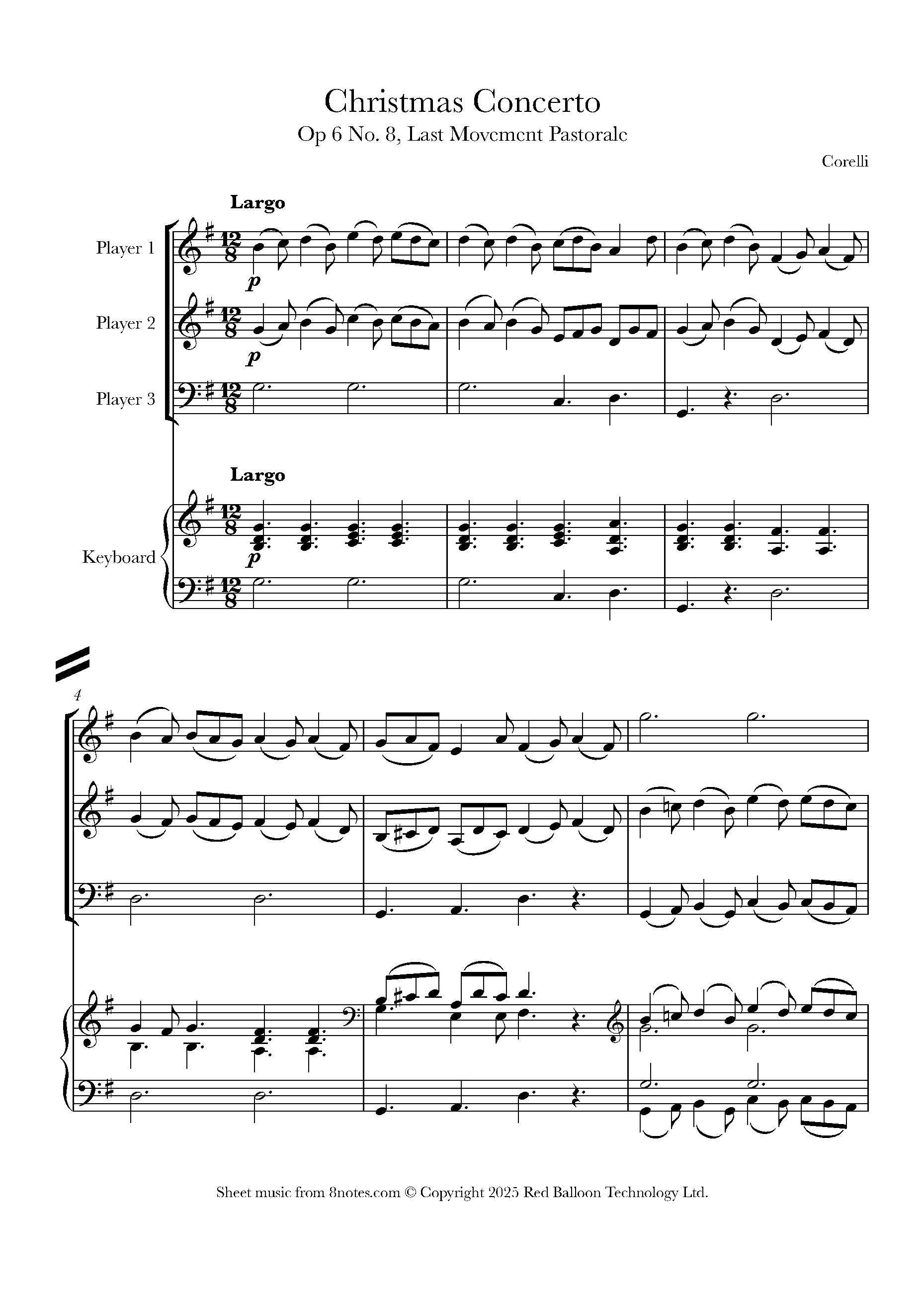 Christmas Concerto Op 6 No. 8,  Pastorale by A. Corelli Sheet Music arranged by 8notes.com for Flexible Ensemble and Piano - 3 Players and Piano - 1 of 4 pages