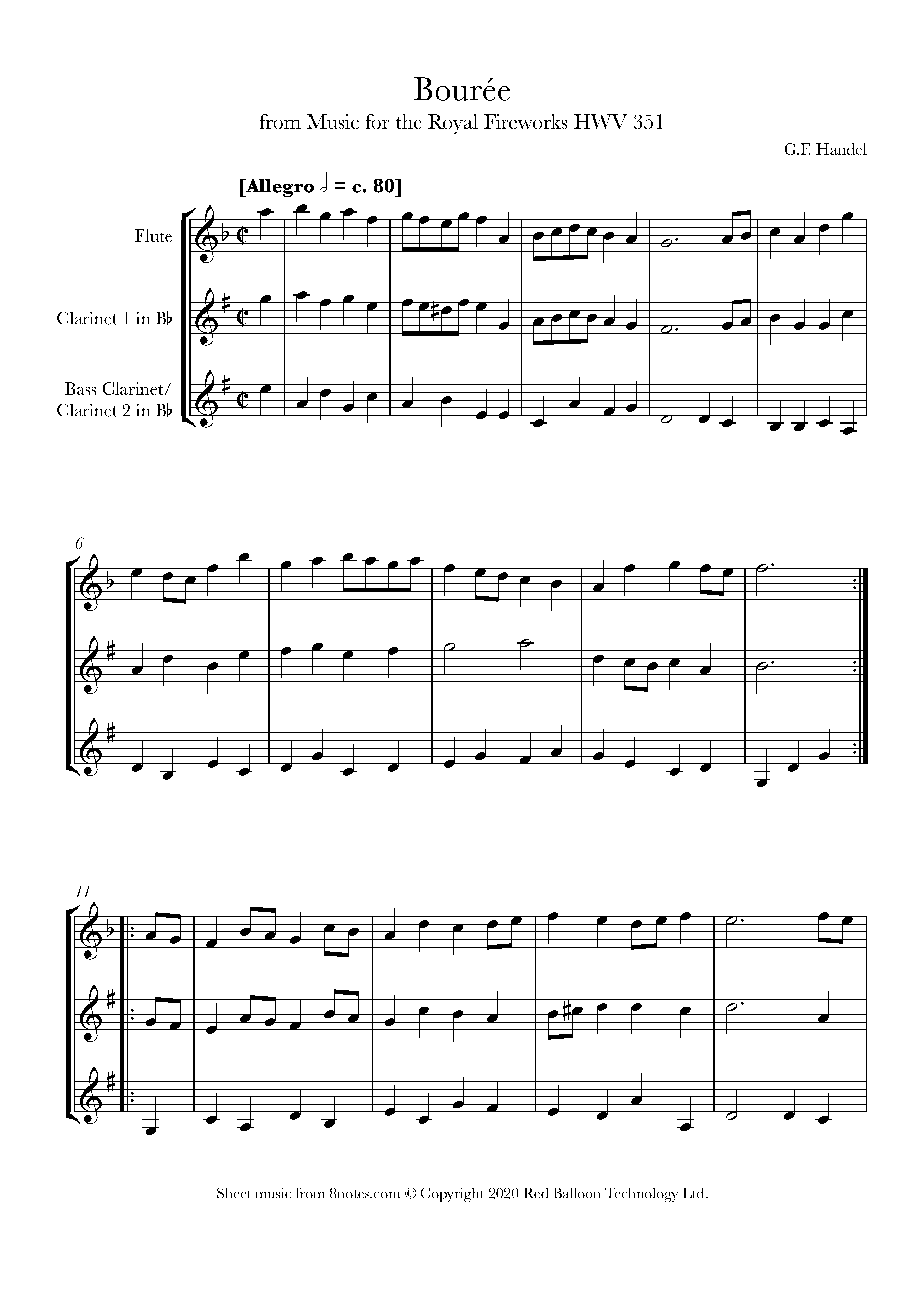 Handel Bouree from Music for the Royal Fireworks Sheet music for