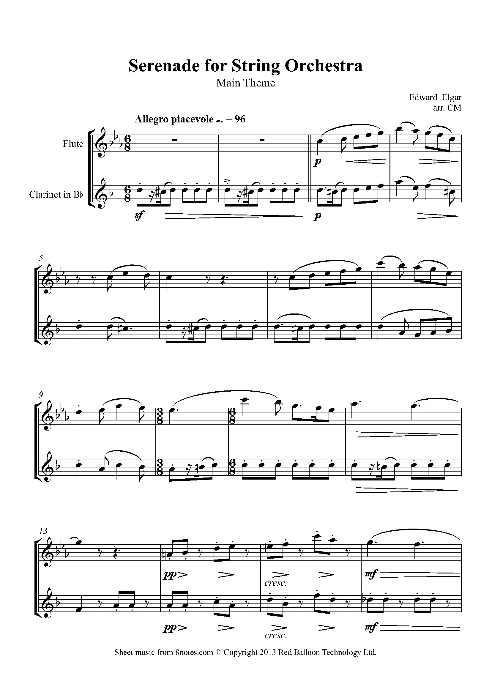 Elgar Serenade for String Orchestra Main Theme Sheet music for Flute