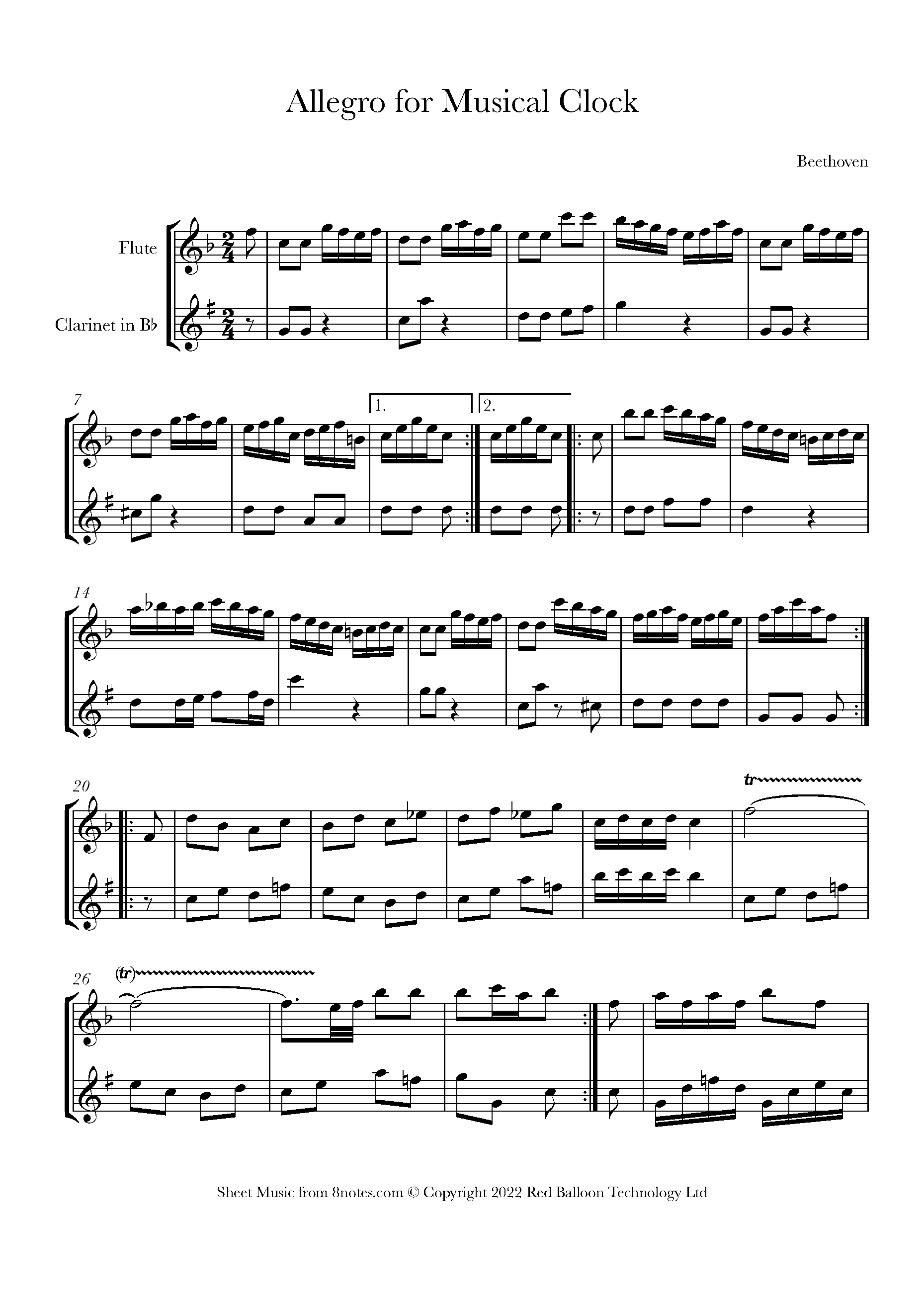 Beethoven Allegro for a Musical Clock Sheet music for Duet