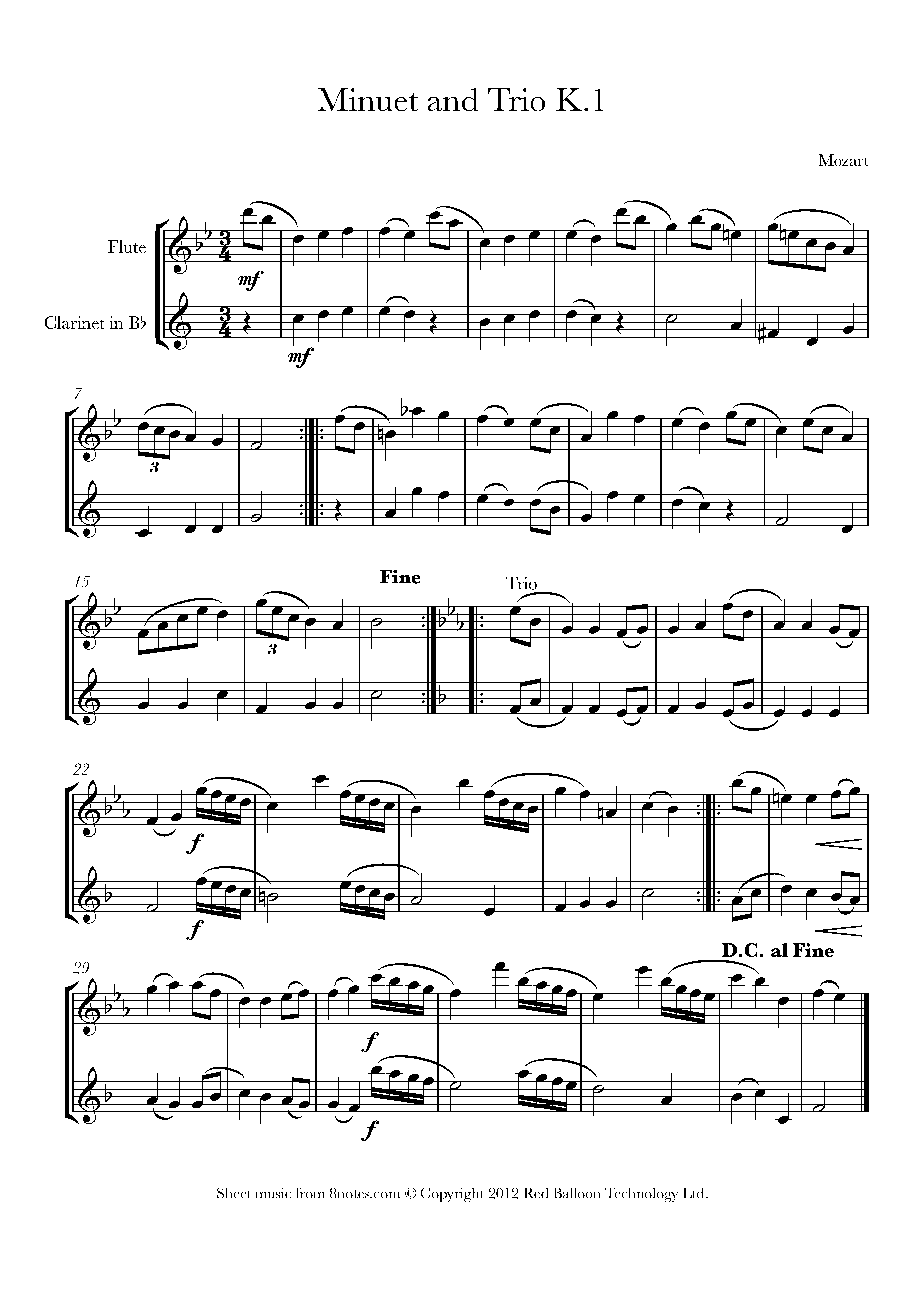 Mozart Minuet and Trio K.1 Sheet music for Duet