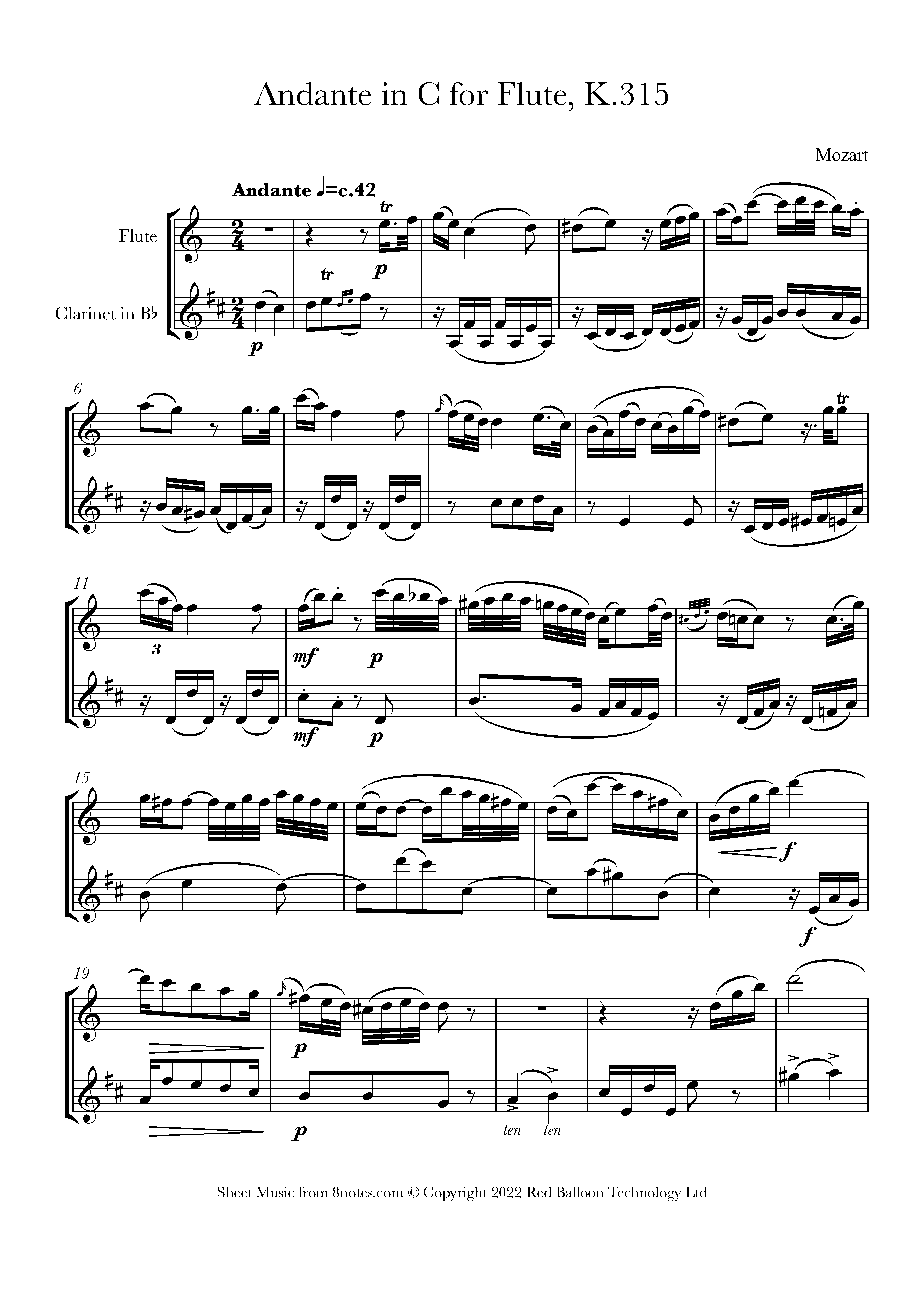 Mozart Andante in C for Flute, K.315 Sheet music for