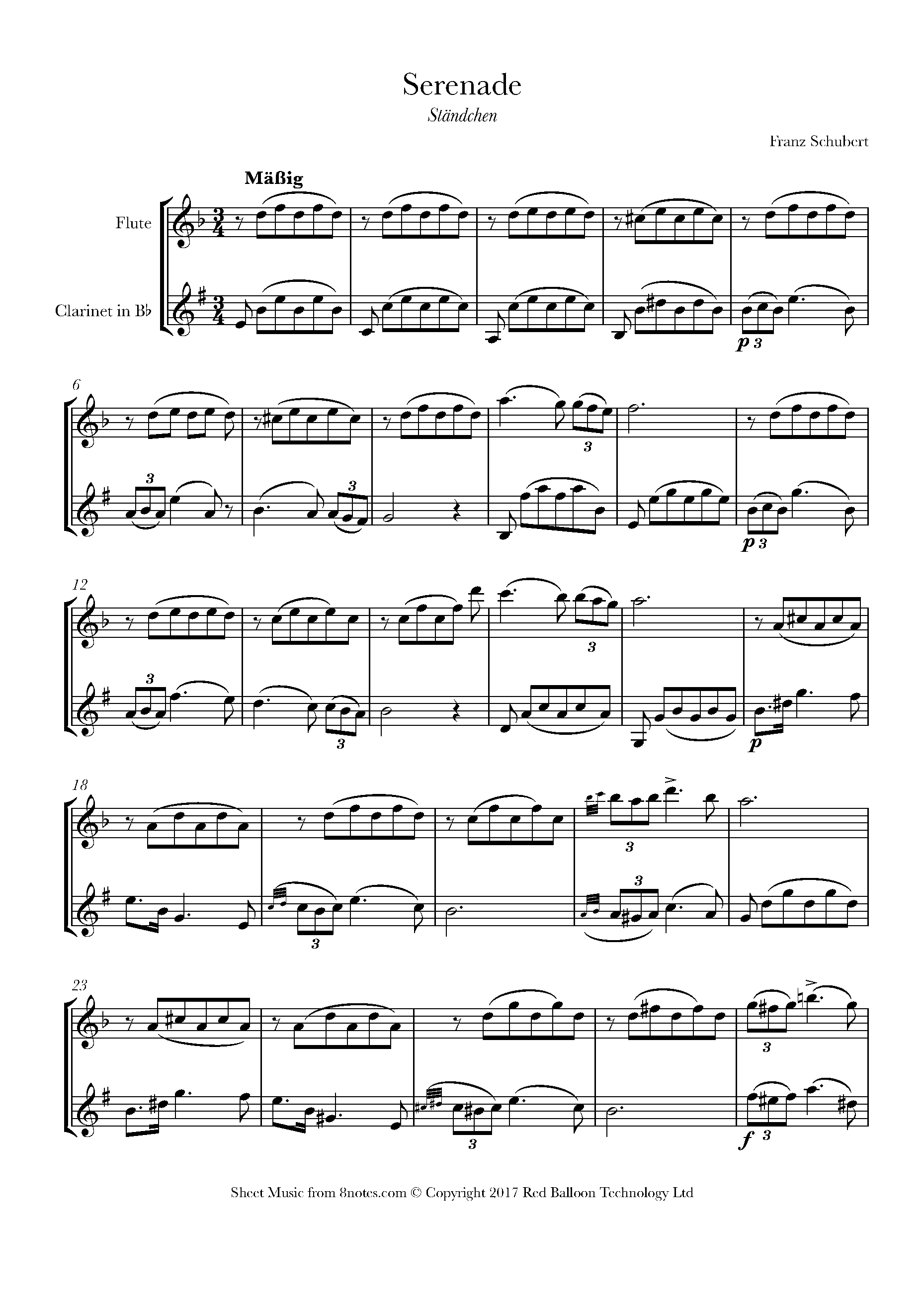 Schubert - Serenade (Standchen) Sheet music for Flute-Clarinet 