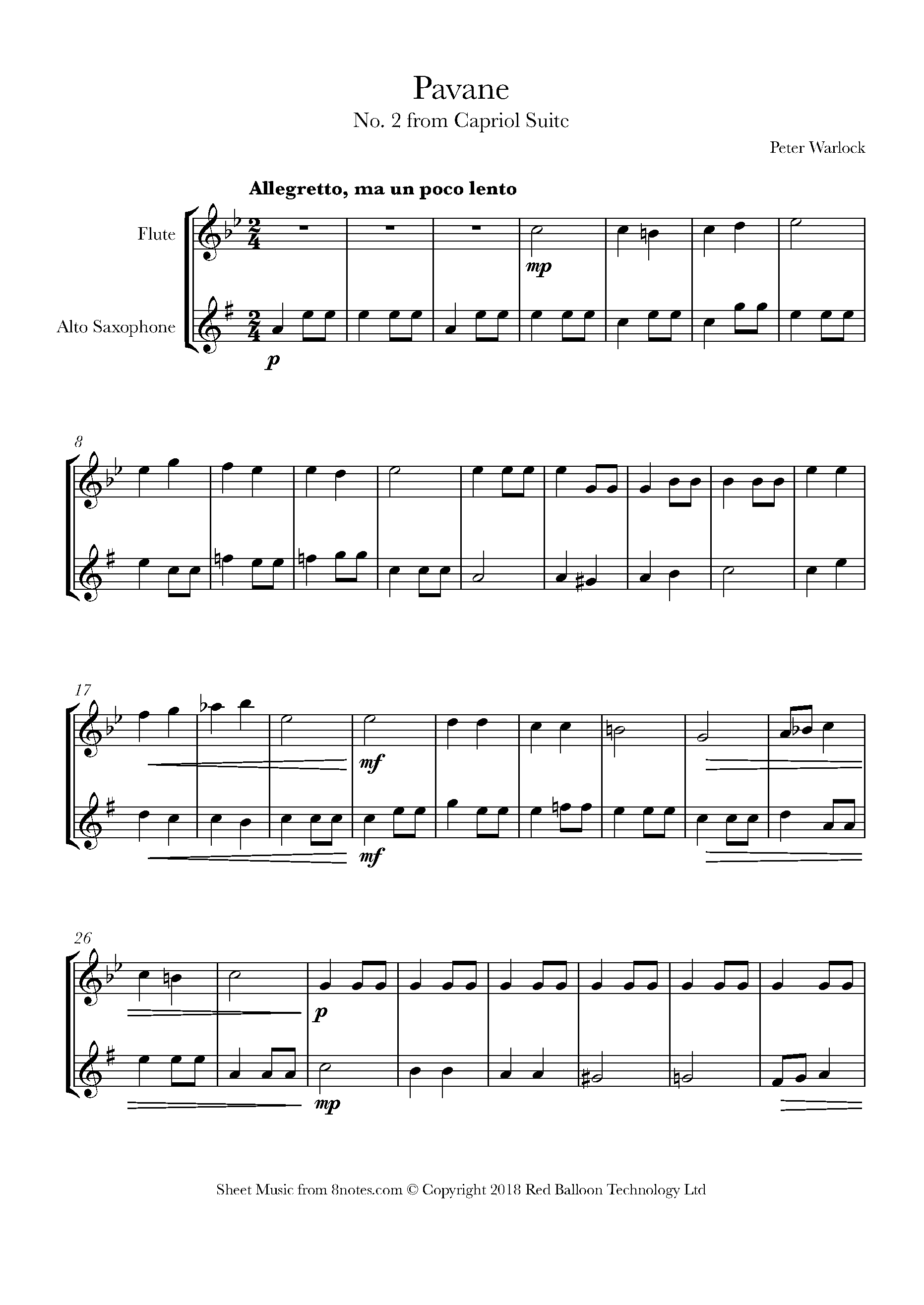 Warlock Capriol Suite 2. Pavane Sheet music for FluteSaxophone Duet