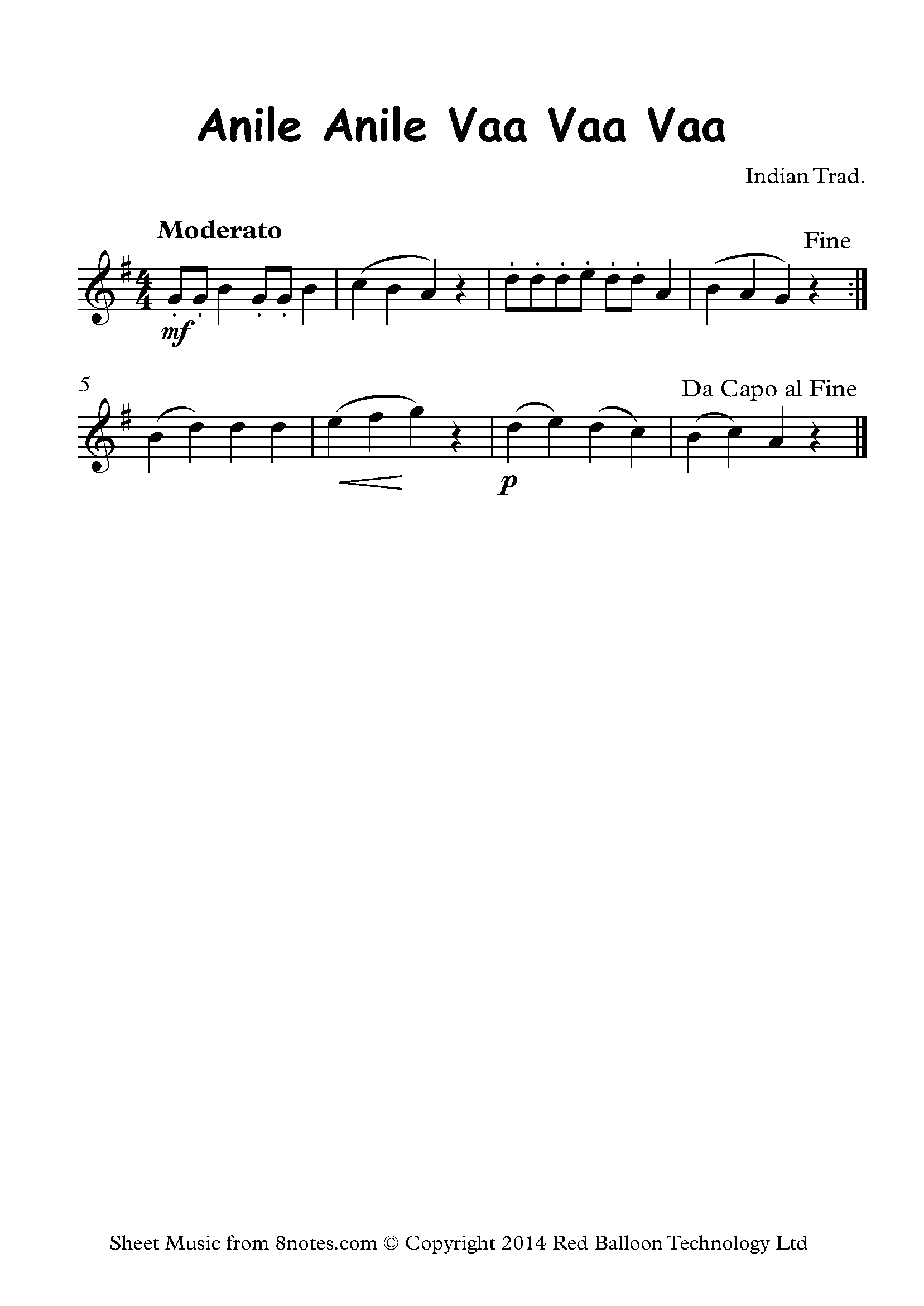 Anile Anile Vaa Vaa Vaa (traditional Indian) Sheet music for Flute