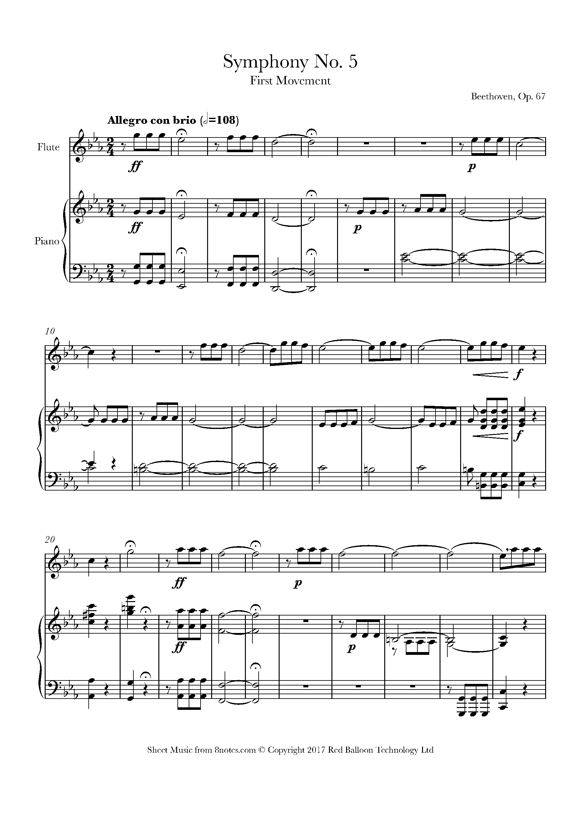 Beethoven Ludwig van Symphony No. 5 First Movement Allegro con brio extract for Flute Free Sheet music for Flute 8notes