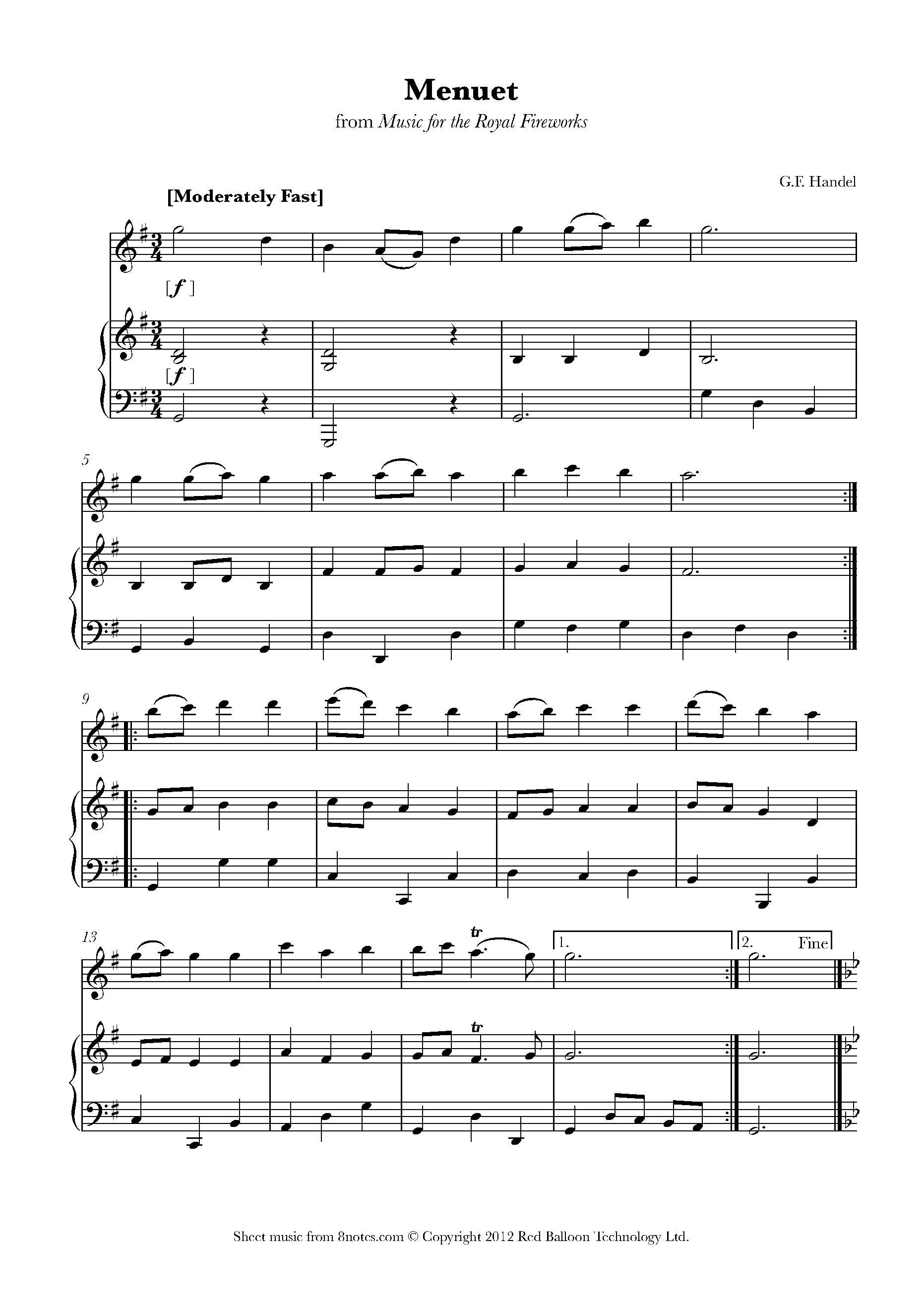 Handel Menuet from Music for the Royal Fireworks Sheet music for