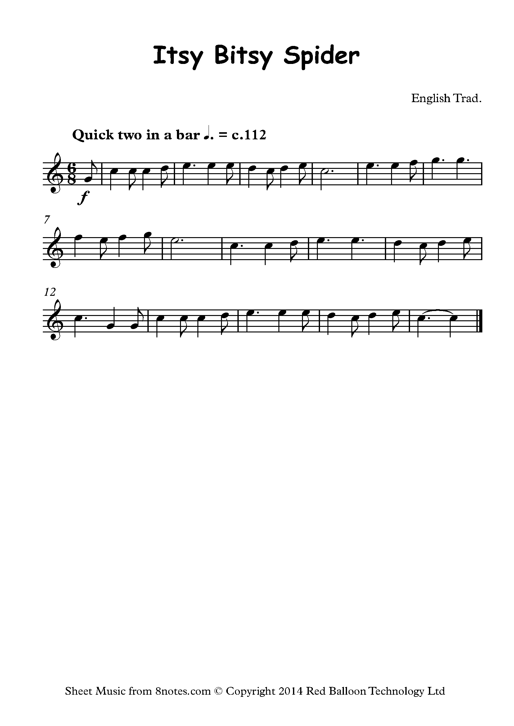 Itsy Bitsy Spider - Bass Guitar Sheet Music and Tab with Chords and Lyrics