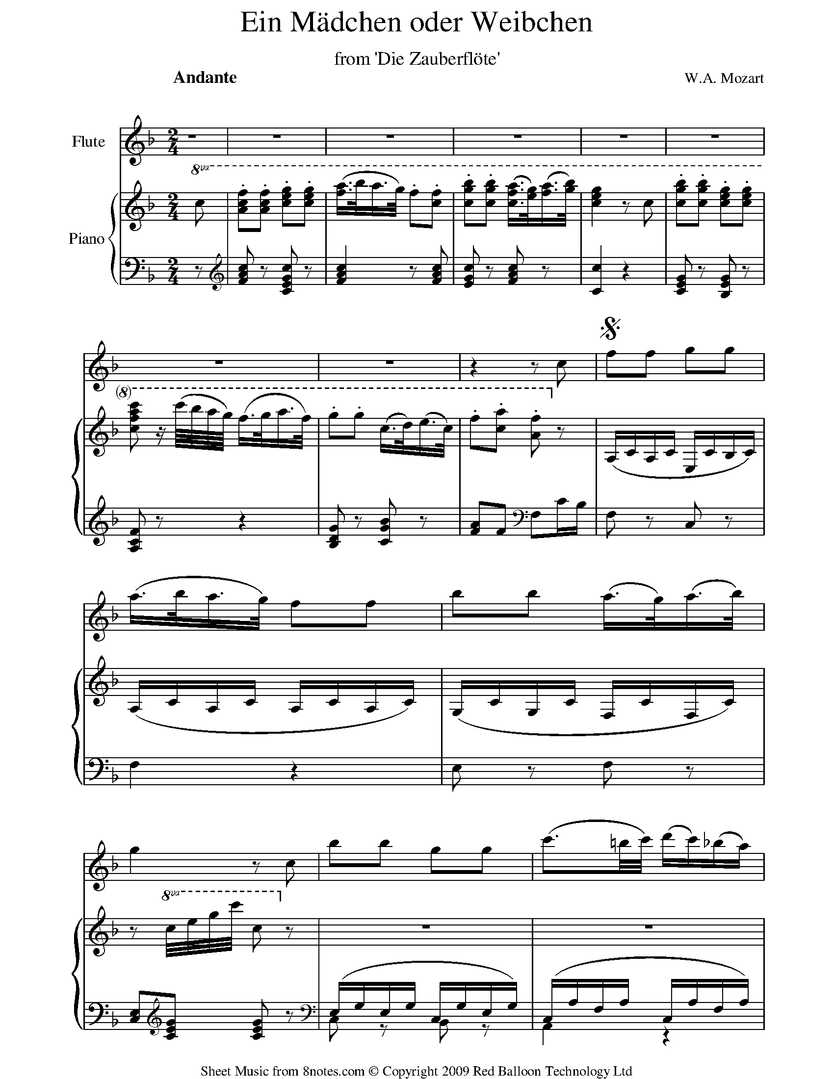 Mozart Papagenos Aria From Magic Flute Ein Madchen Oder Weibchen From Die Zauberflote Sheet Music For Flute 8notes Com