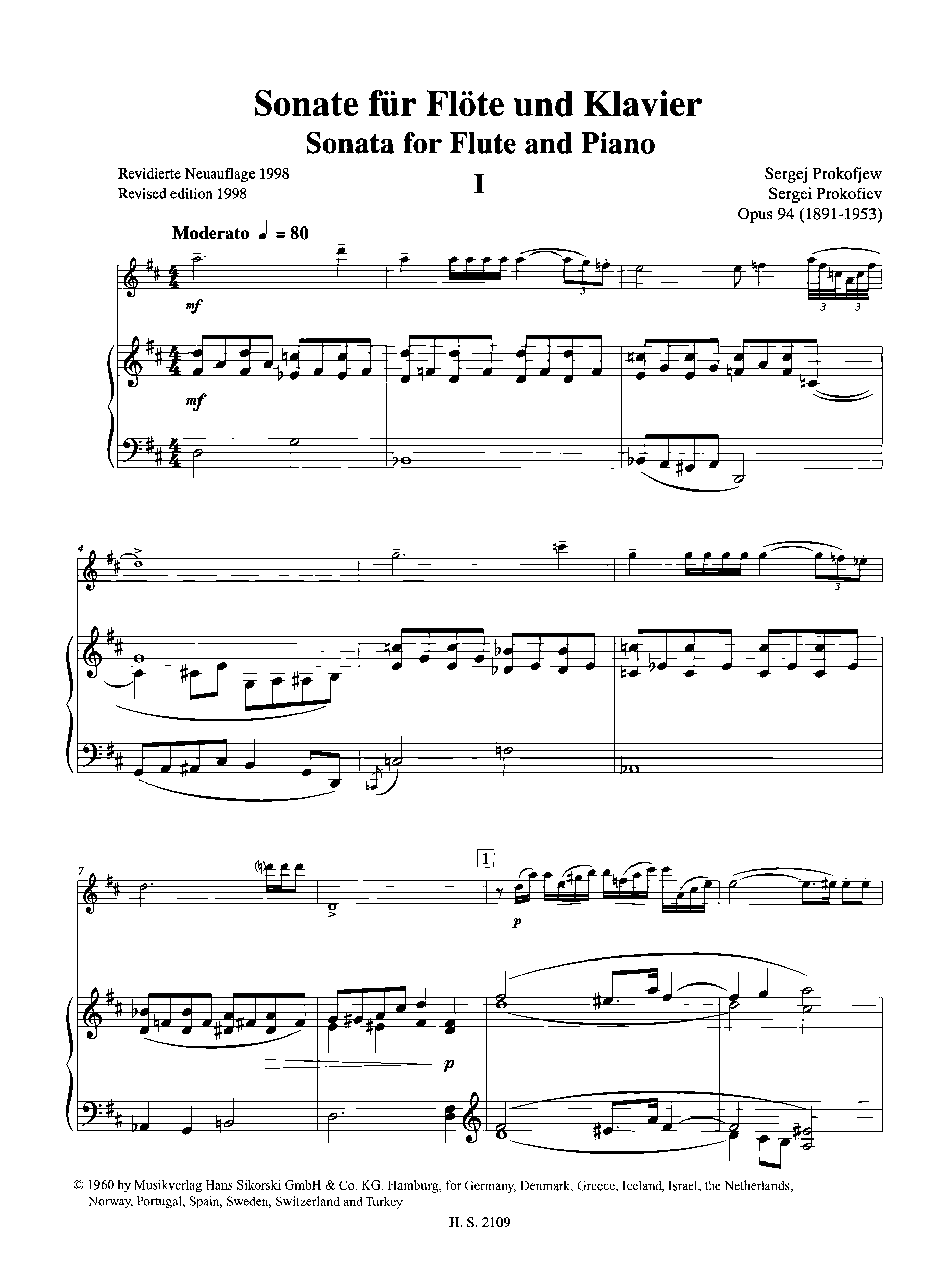 Flute Sonata, Op.94 by Sergei Prokofiev Sheet Music arranged by 8notes.com for Flute - 1 of 52 pages
