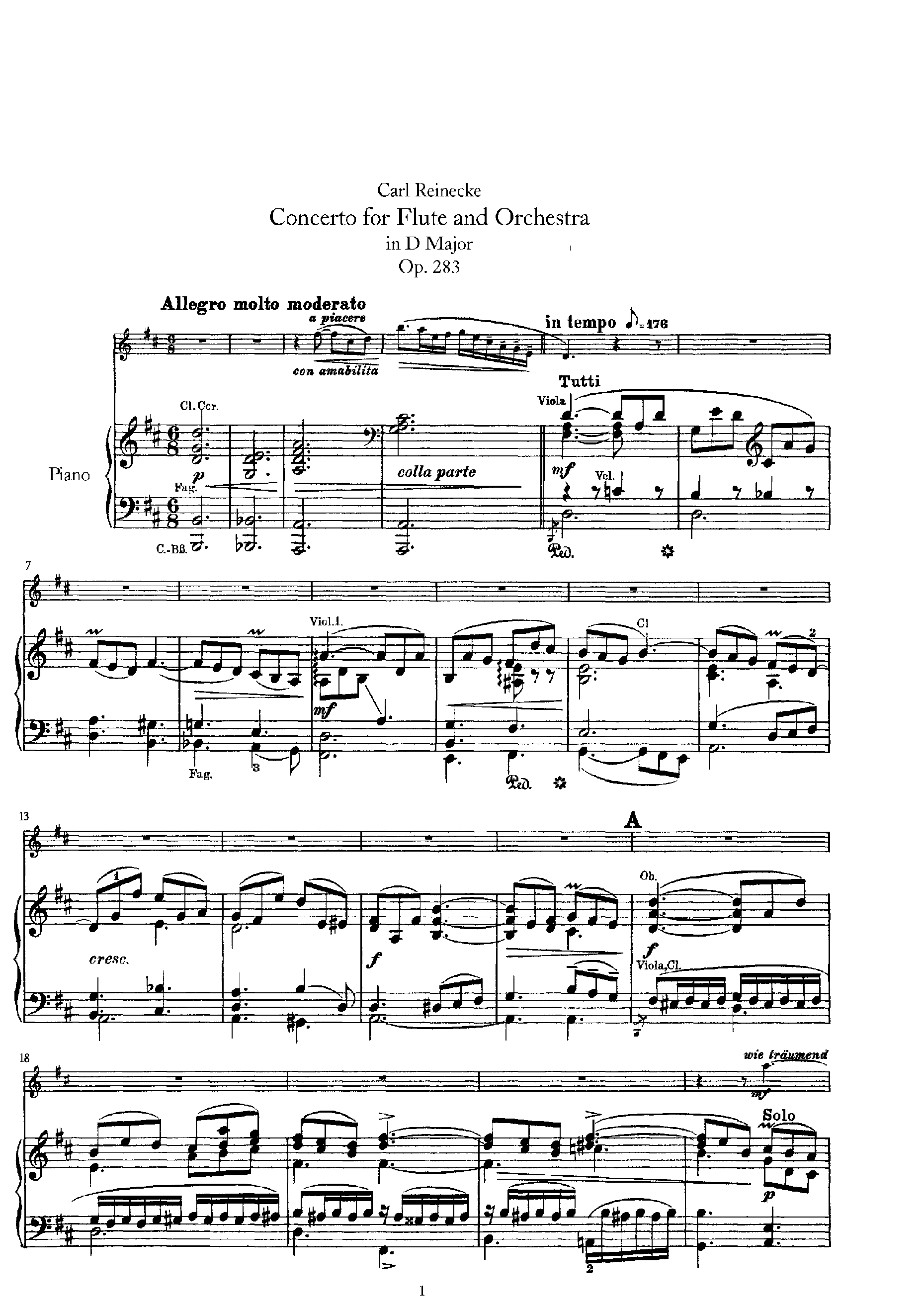 Flute Concerto, Op.283 by Carl Reinecke Sheet Music arranged by 8notes.com for Flute - 1 of 30 pages
