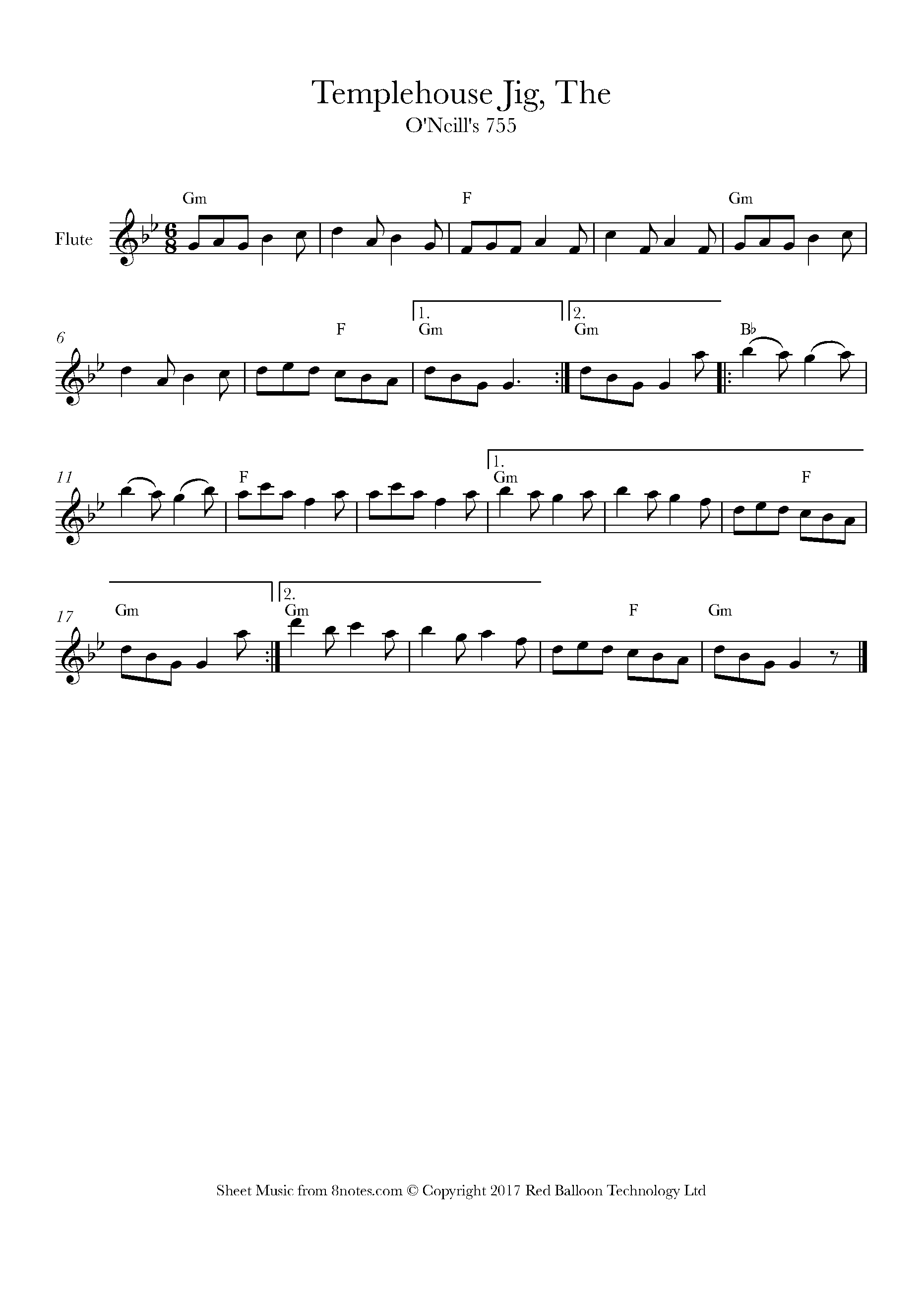 The Templehouse Jig (Irish Jig ONeills No.755) Sheet music for Flute