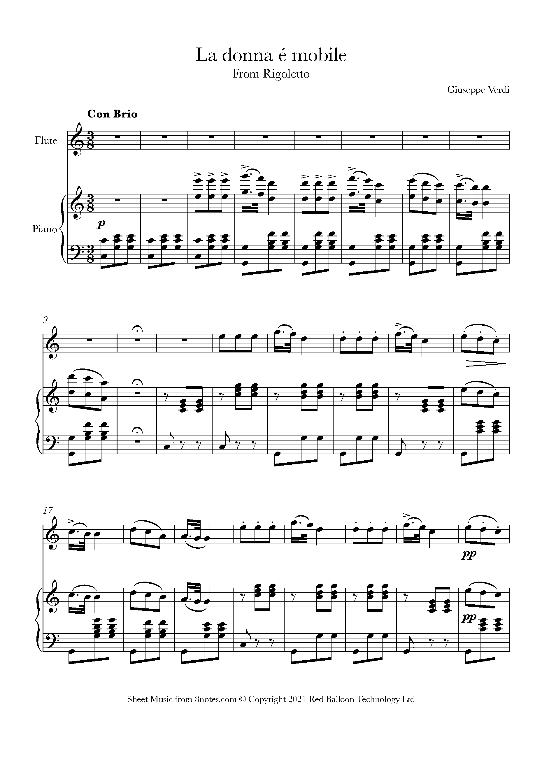 Verdi La Donna e Mobile from Rigoletto Sheet music for Flute