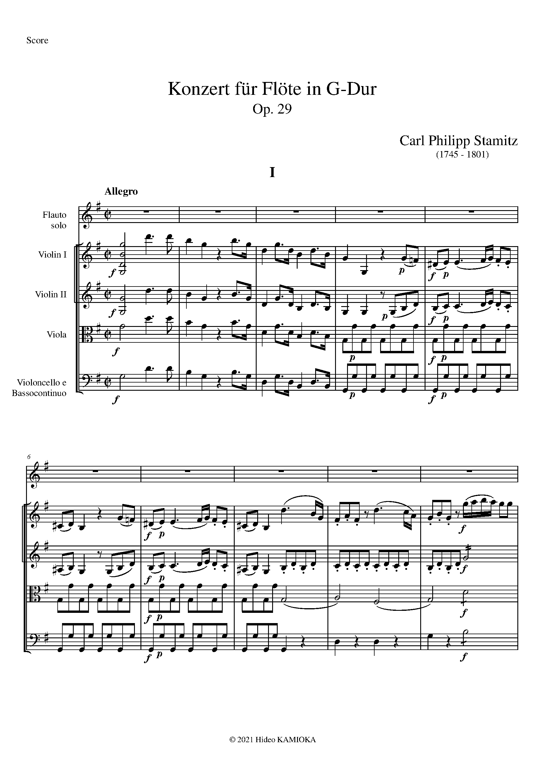 Flute Concerto in G major, Op.29 by Carl Stamitz Sheet Music arranged by 8notes.com for Flute and Ensemble - 1 of 39 pages