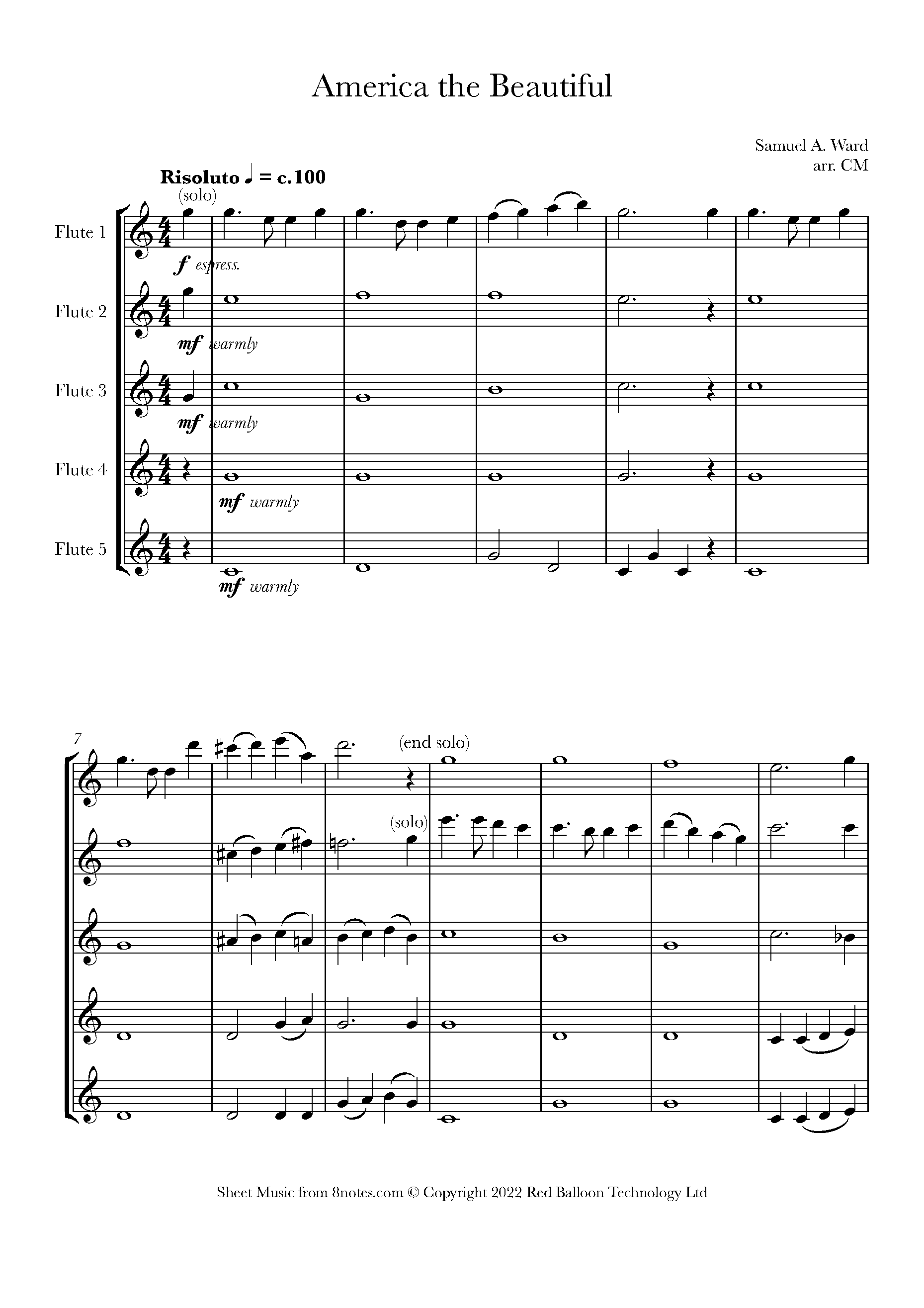 Samuel A. Ward America the Beautiful Sheet music for Flute Choir