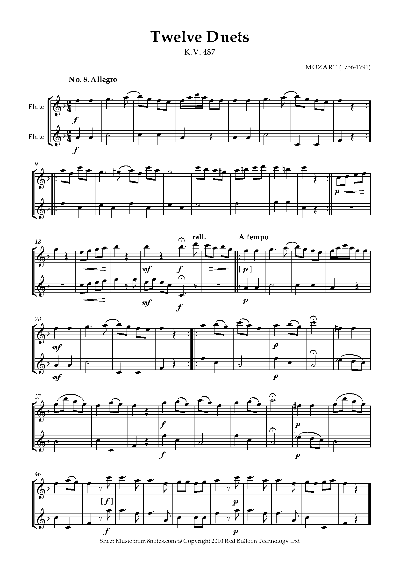 Mozart Twelve Duets k.487 no.8 Sheet music for Flute Duet
