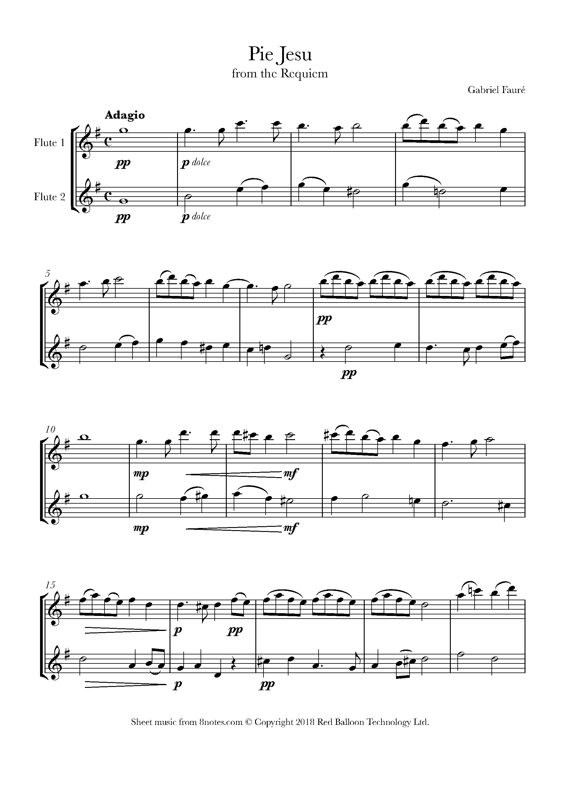 Fauré Pie Jesu Sheet music for Flute Duet