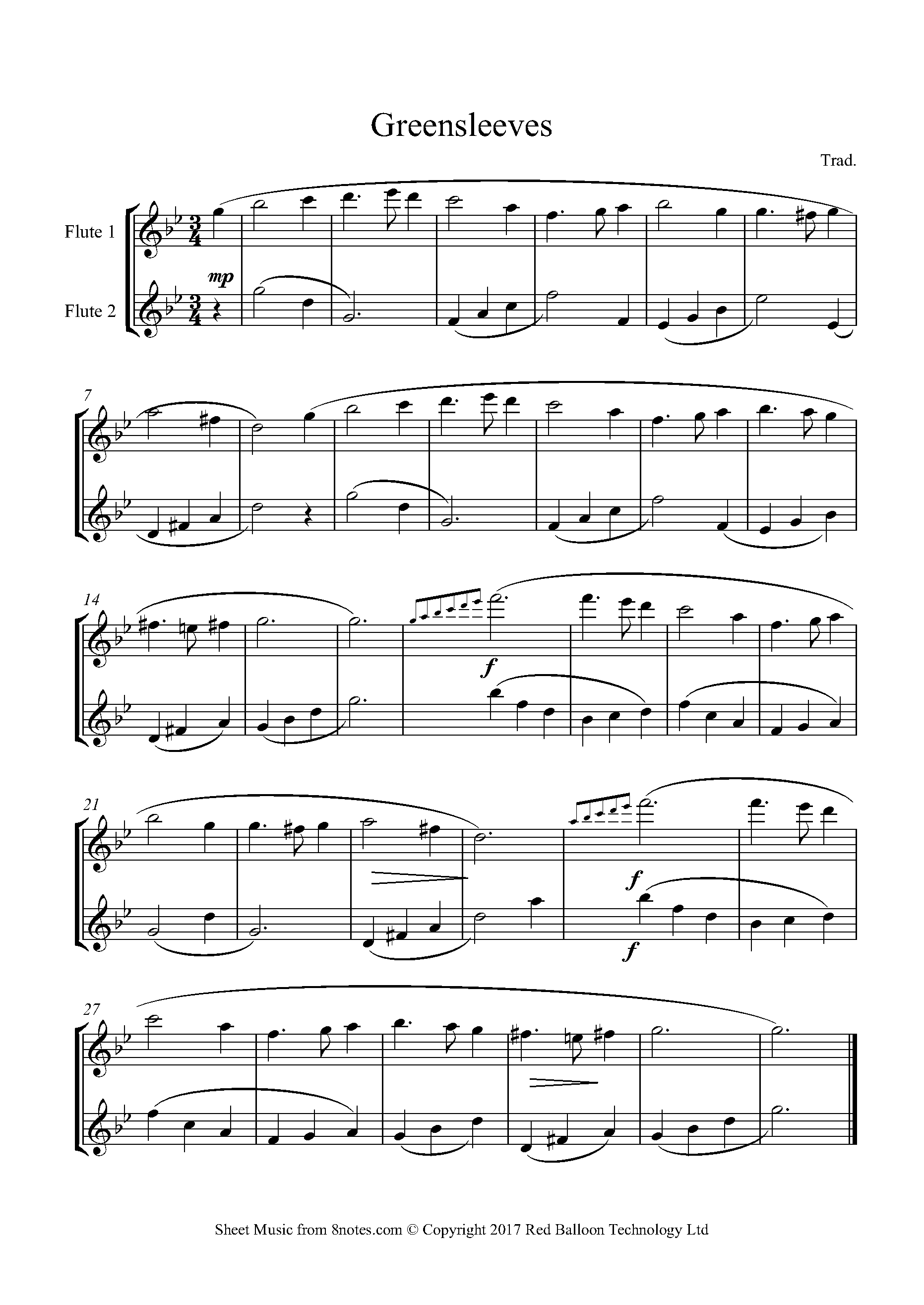 Greensleeves Sheet music for Flute Duet