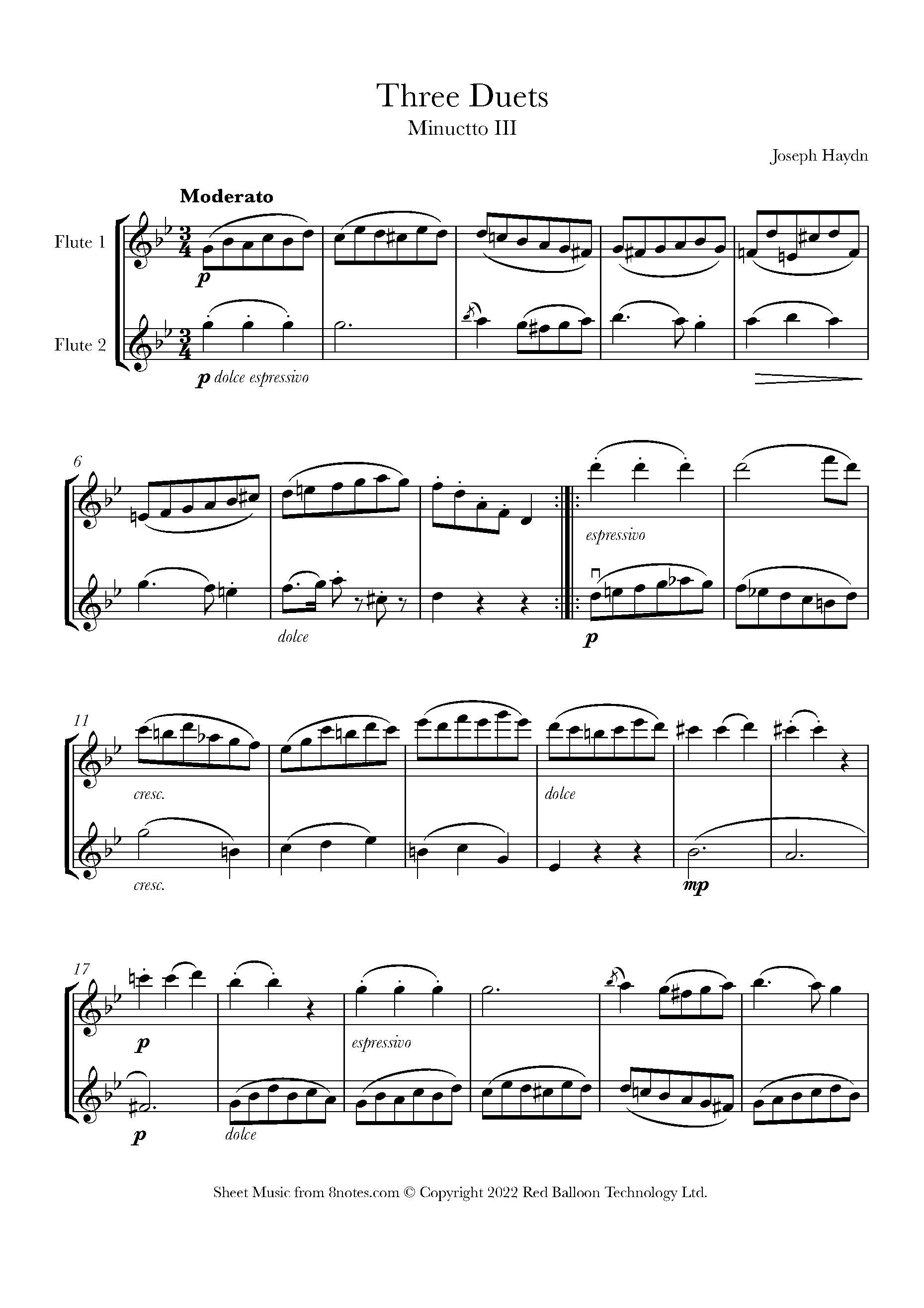 Haydn Three Duets Menuetto 3 Sheet music for Flute Duet