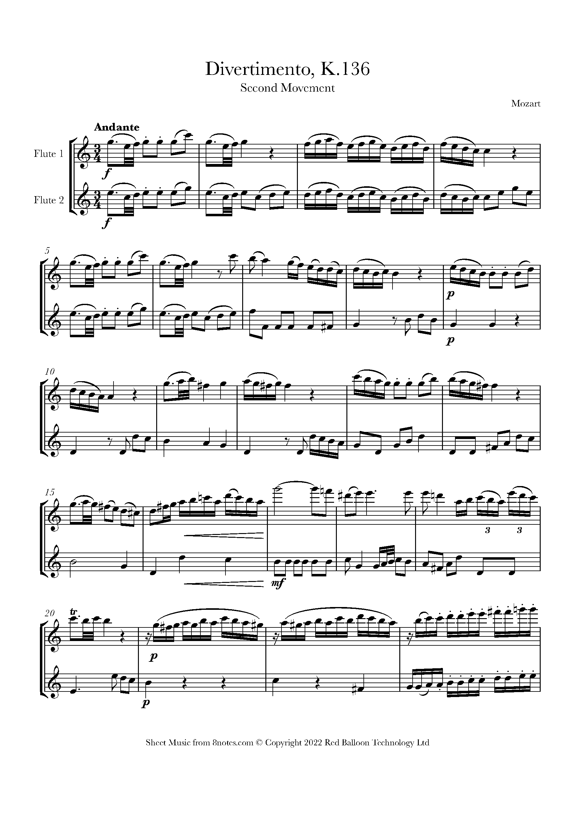 Mozart Divertimento, K.136 Mvt 2 Andante Sheet music for Flute Duet