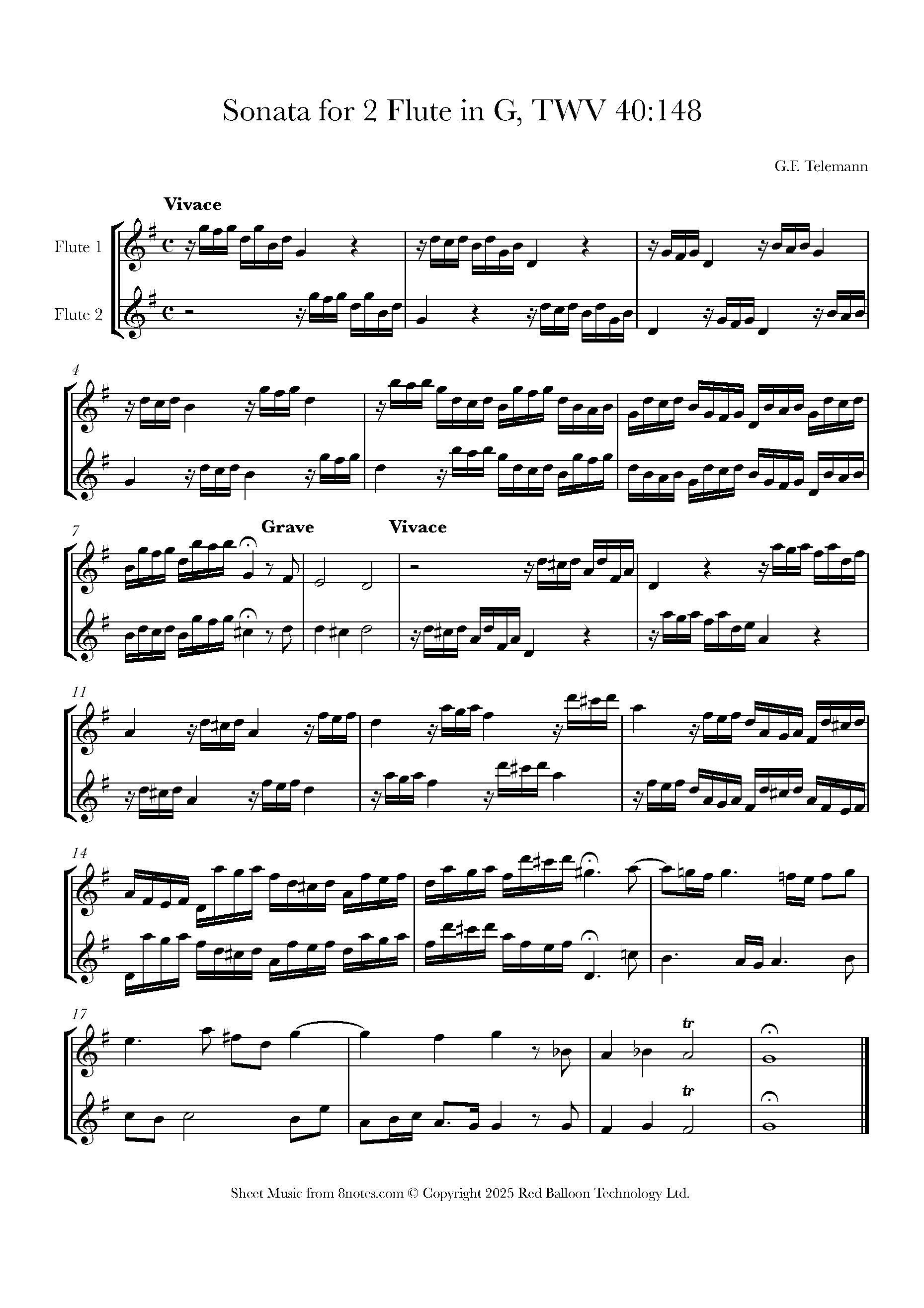 Telemann, Philipp Sonata for 2 Flutes in G major, TWV 40148