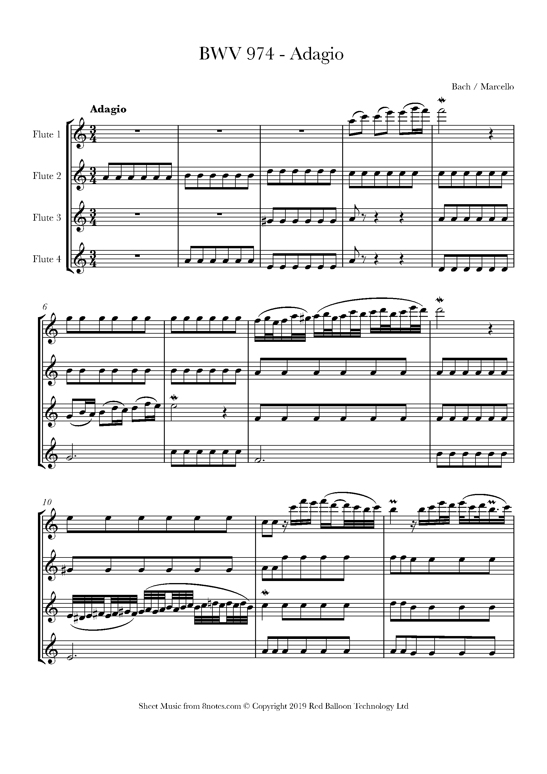 Bach BWV 974 Adagio (Bach/Marcello) Sheet music for Flute Quartet